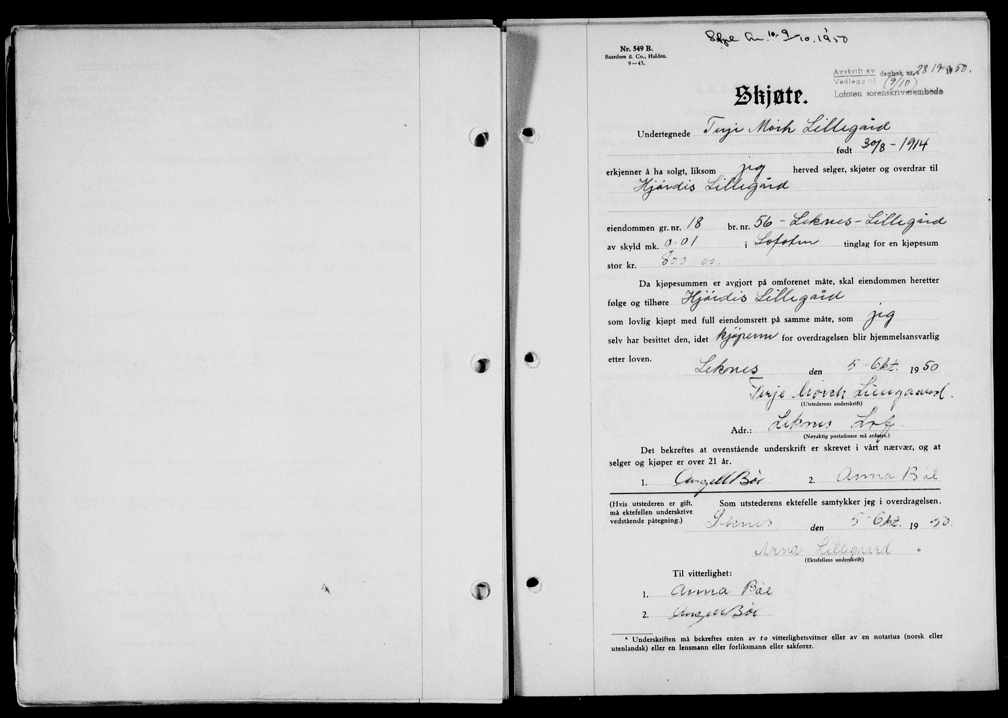 Lofoten sorenskriveri, SAT/A-0017/1/2/2C/L0024a: Mortgage book no. 24a, 1950-1950, Diary no: : 2817/1950