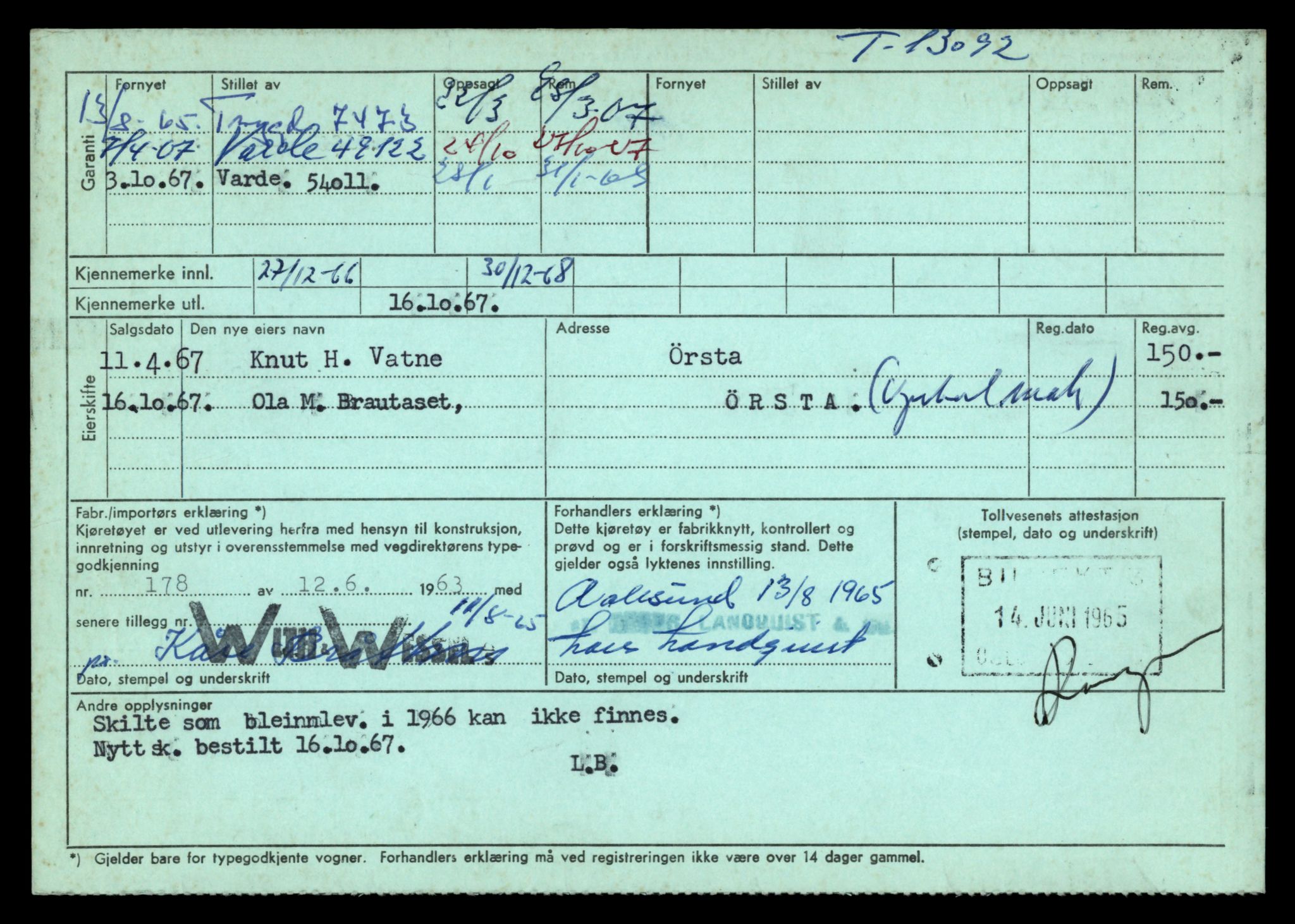 Møre og Romsdal vegkontor - Ålesund trafikkstasjon, AV/SAT-A-4099/F/Fe/L0037: Registreringskort for kjøretøy T 13031 - T 13179, 1927-1998, p. 1246