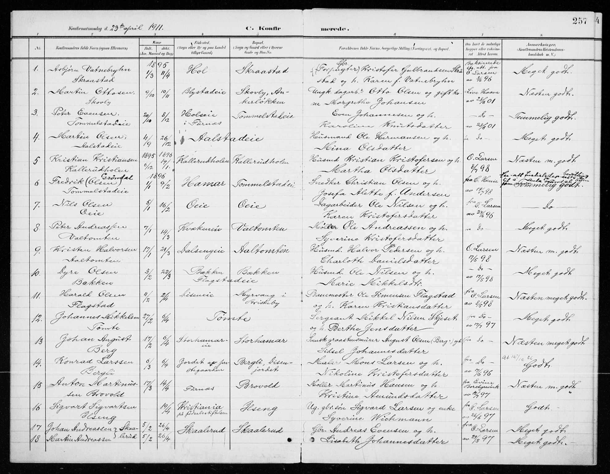 Vang prestekontor, Hedmark, SAH/PREST-008/H/Ha/Haa/L0021: Parish register (official) no. 21, 1902-1917, p. 257