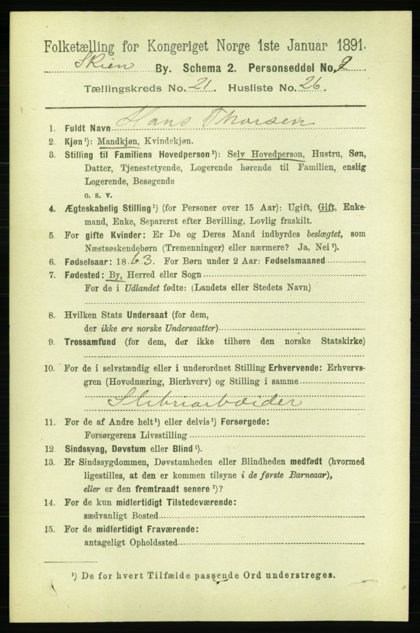 RA, 1891 census for 0806 Skien, 1891, p. 5663