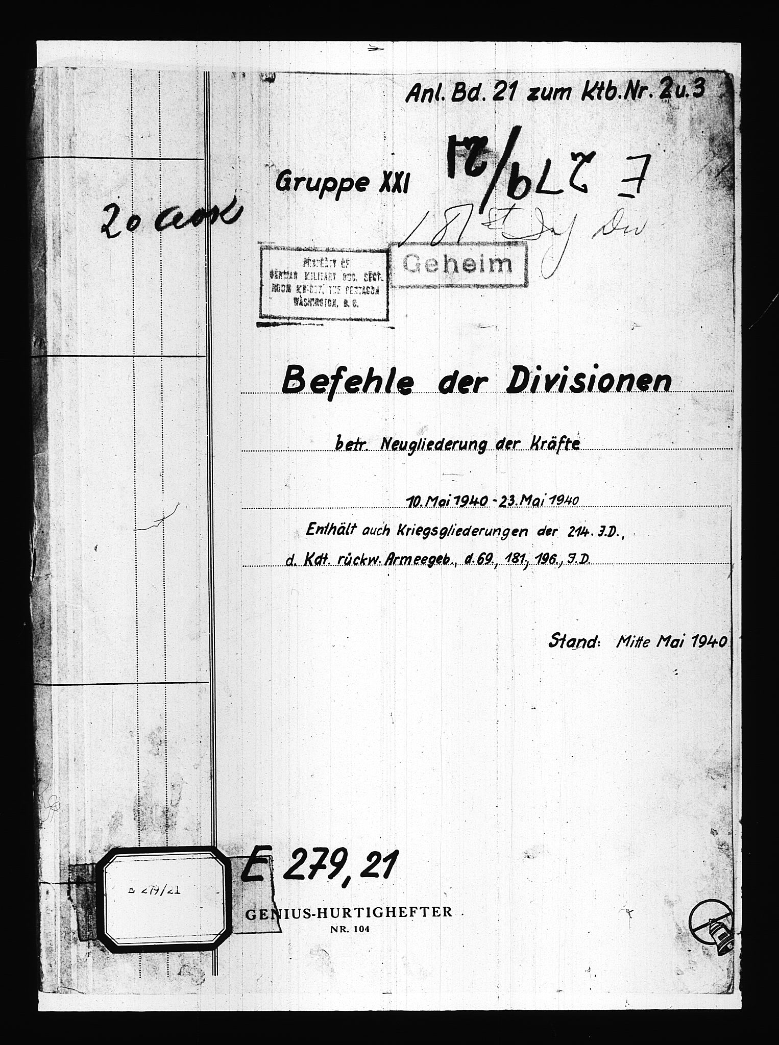 Documents Section, RA/RAFA-2200/V/L0083: Amerikansk mikrofilm "Captured German Documents".
Box No. 722.  FKA jnr. 615/1954., 1940, p. 414
