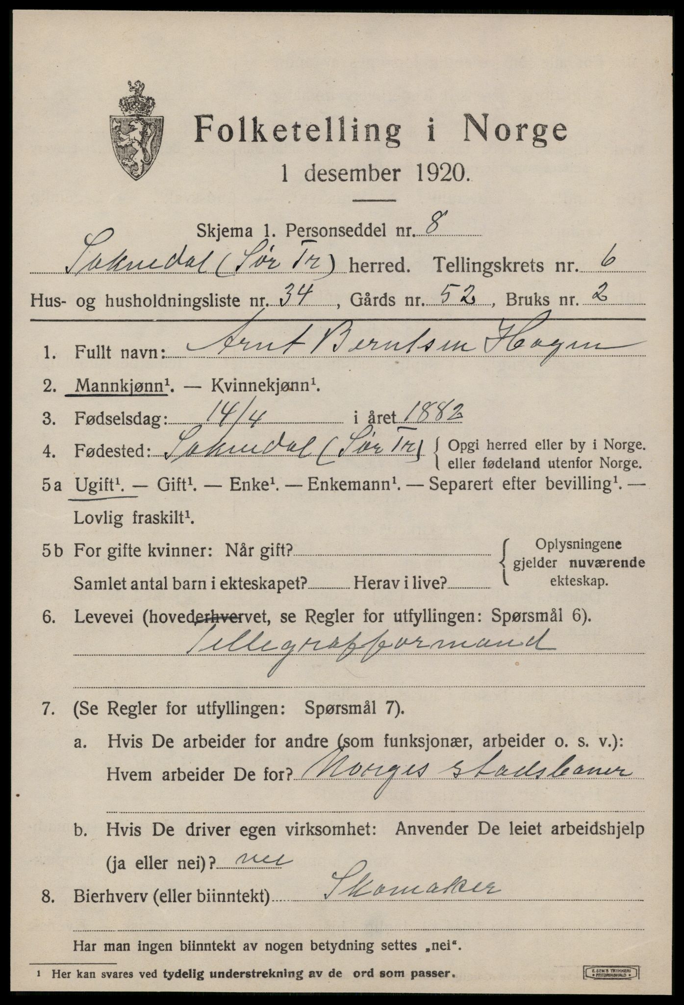 SAT, 1920 census for Soknedal, 1920, p. 3442