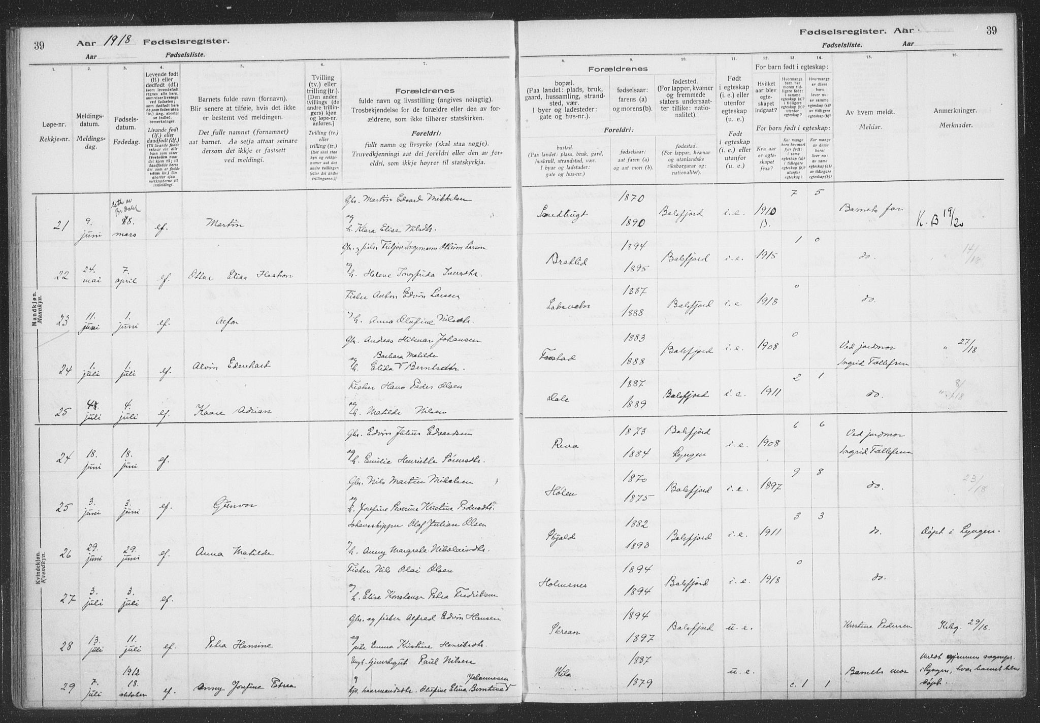 Balsfjord sokneprestembete, AV/SATØ-S-1303/H/Hb/L0059: Birth register no. 59, 1916-1930, p. 39