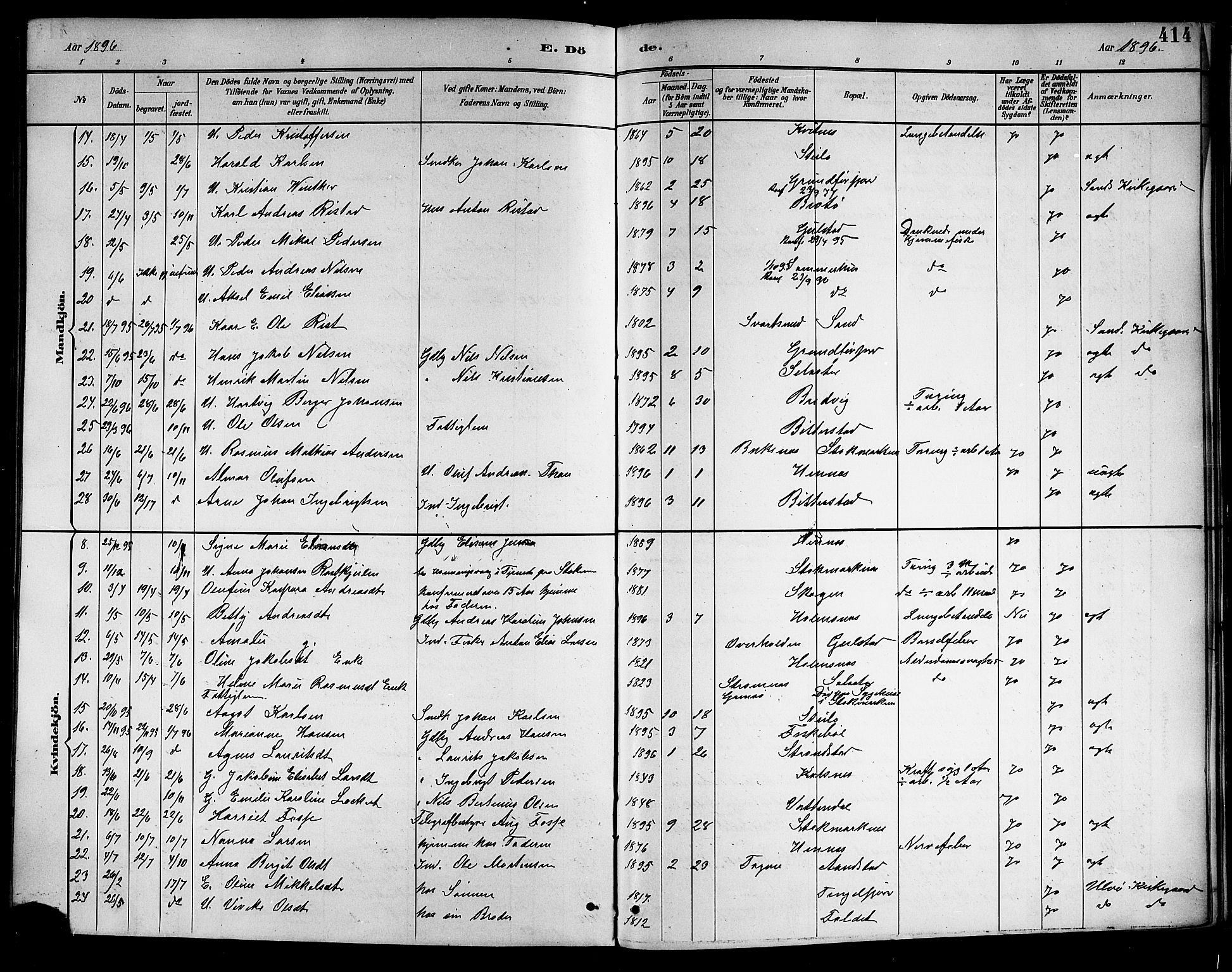 Ministerialprotokoller, klokkerbøker og fødselsregistre - Nordland, SAT/A-1459/888/L1268: Parish register (copy) no. 888C06, 1891-1908, p. 414