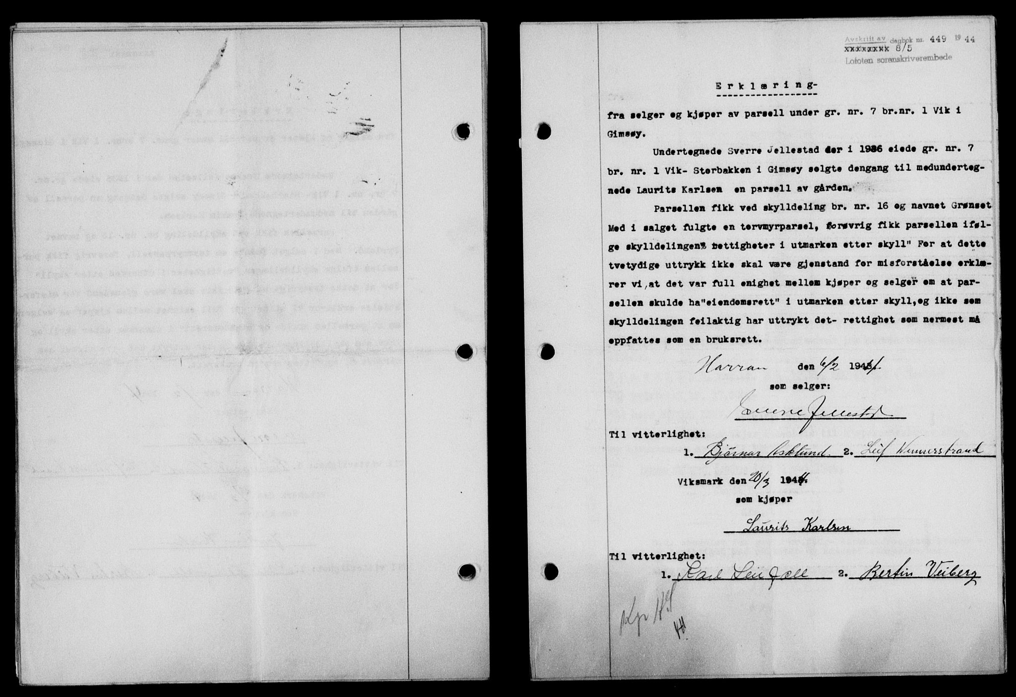 Lofoten sorenskriveri, SAT/A-0017/1/2/2C/L0012a: Mortgage book no. 12a, 1943-1944, Diary no: : 449/1944