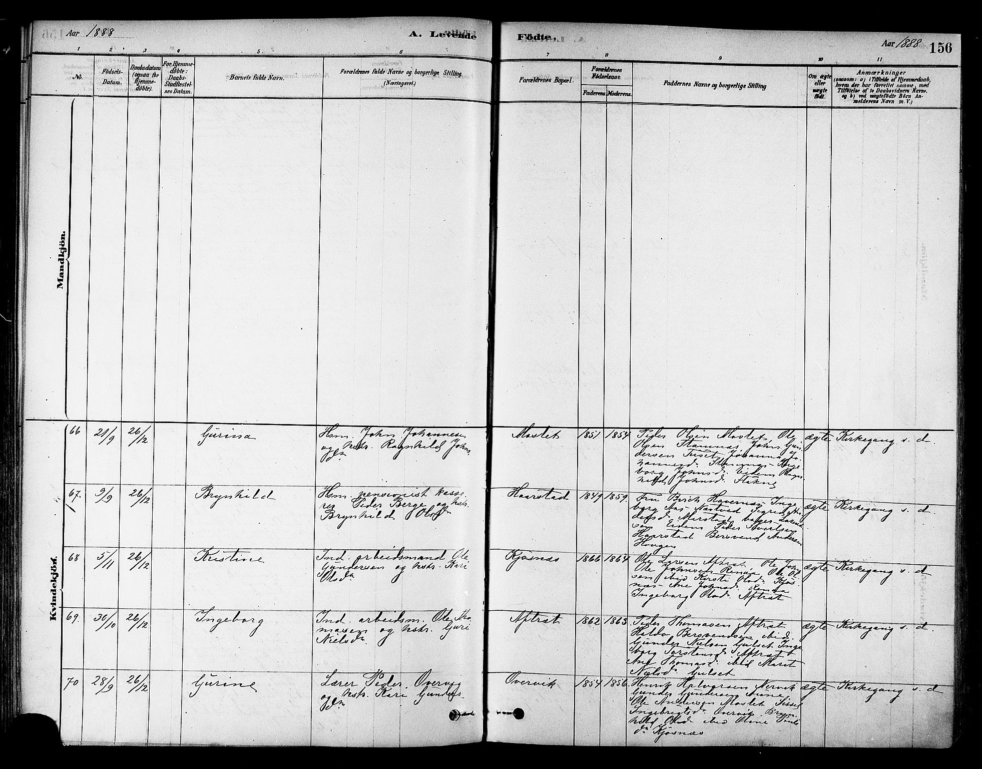 Ministerialprotokoller, klokkerbøker og fødselsregistre - Sør-Trøndelag, SAT/A-1456/695/L1148: Parish register (official) no. 695A08, 1878-1891, p. 156