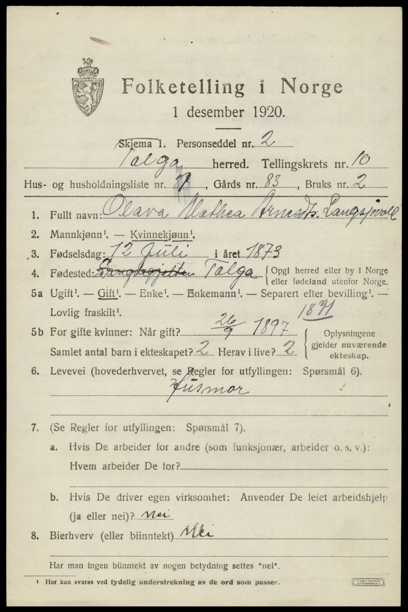 SAH, 1920 census for Tolga, 1920, p. 4913