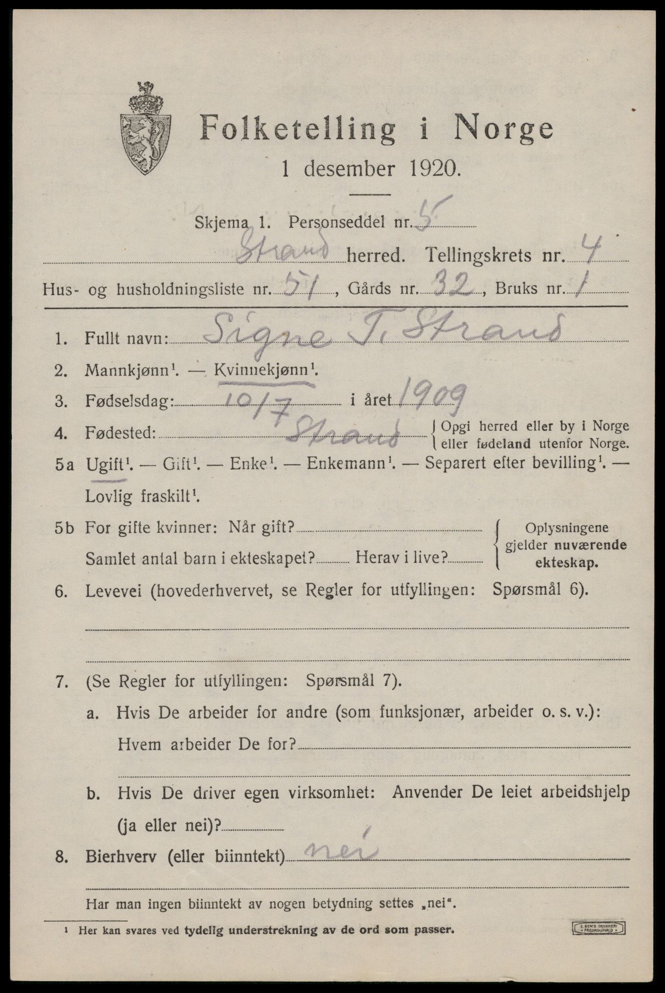 SAST, 1920 census for Strand, 1920, p. 3544