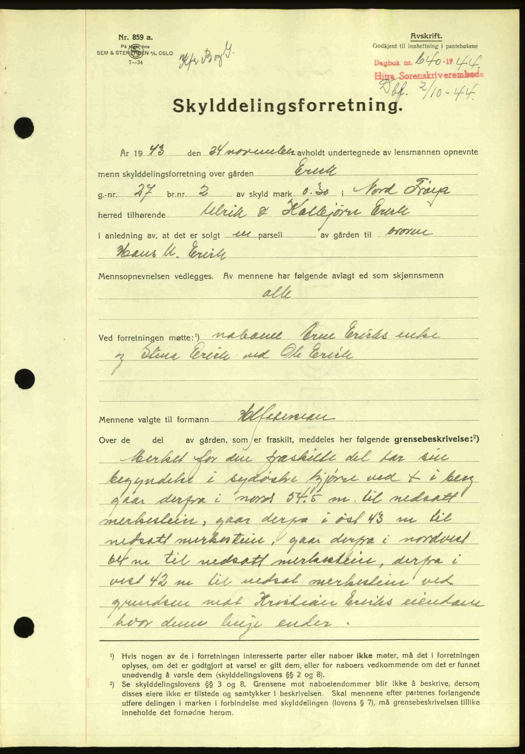 Hitra sorenskriveri, AV/SAT-A-0018/2/2C/2Ca: Mortgage book no. A2, 1943-1945, Diary no: : 640/1944