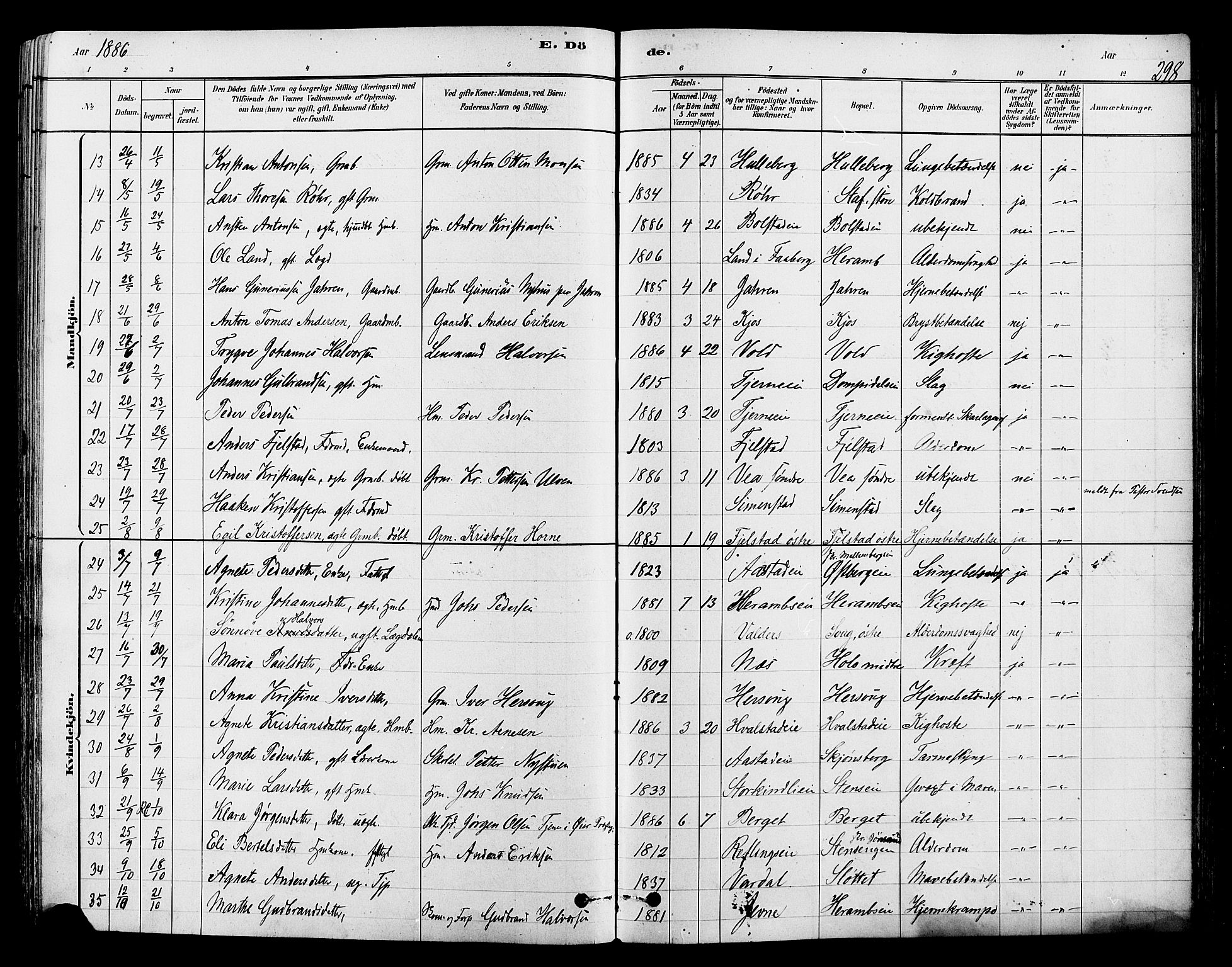 Ringsaker prestekontor, AV/SAH-PREST-014/L/La/L0009: Parish register (copy) no. 9, 1879-1890, p. 298