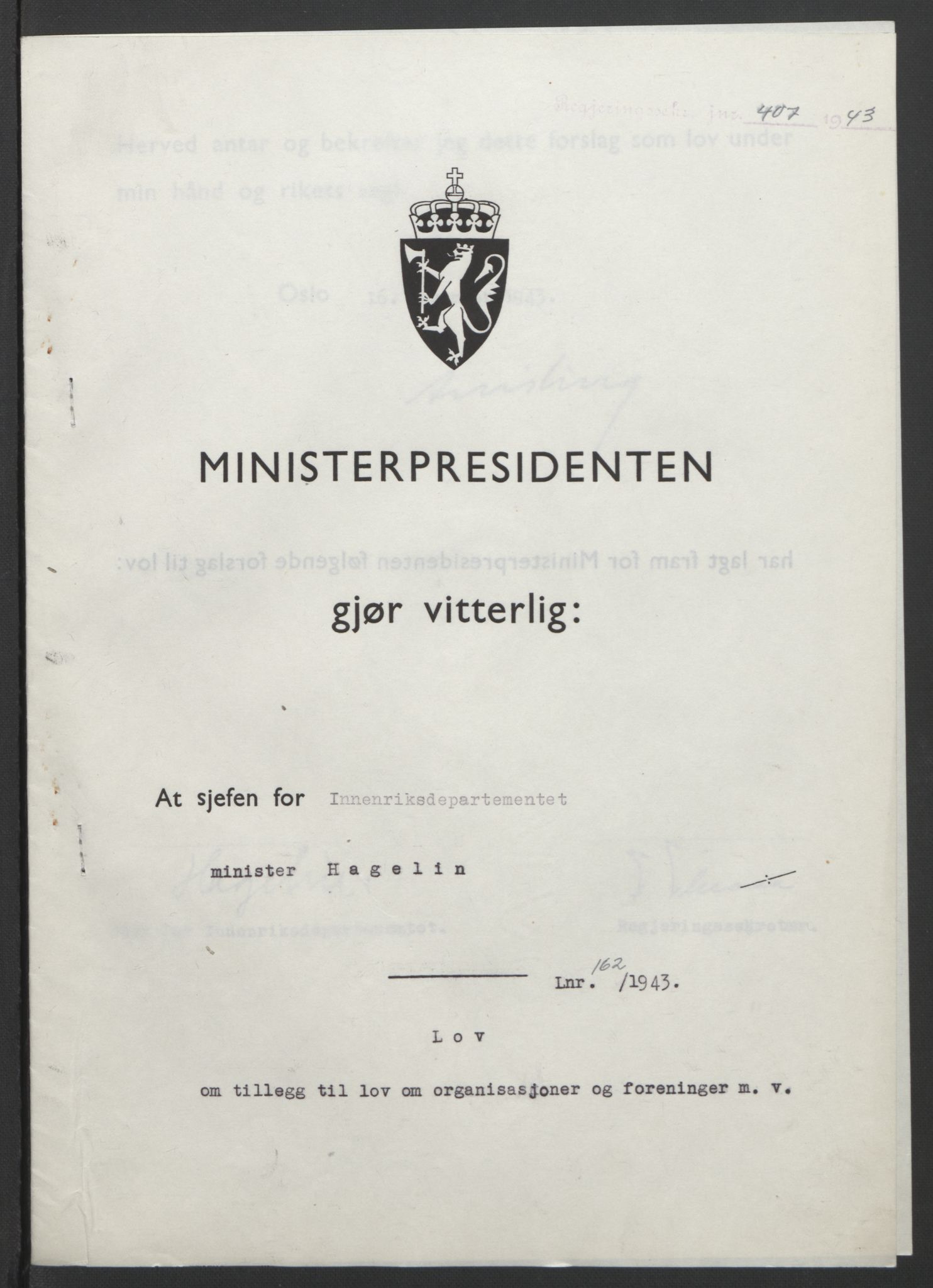 NS-administrasjonen 1940-1945 (Statsrådsekretariatet, de kommisariske statsråder mm), RA/S-4279/D/Db/L0099: Lover, 1943, p. 766