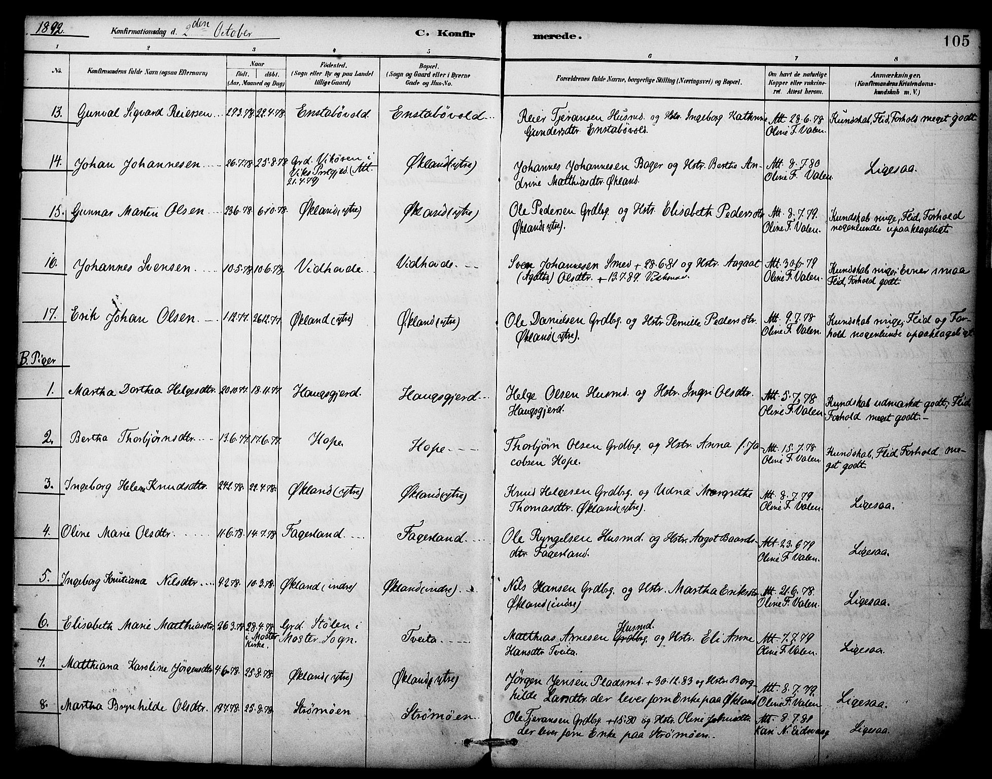 Sveio Sokneprestembete, AV/SAB-A-78501/H/Haa: Parish register (official) no. C 2, 1881-1899, p. 105