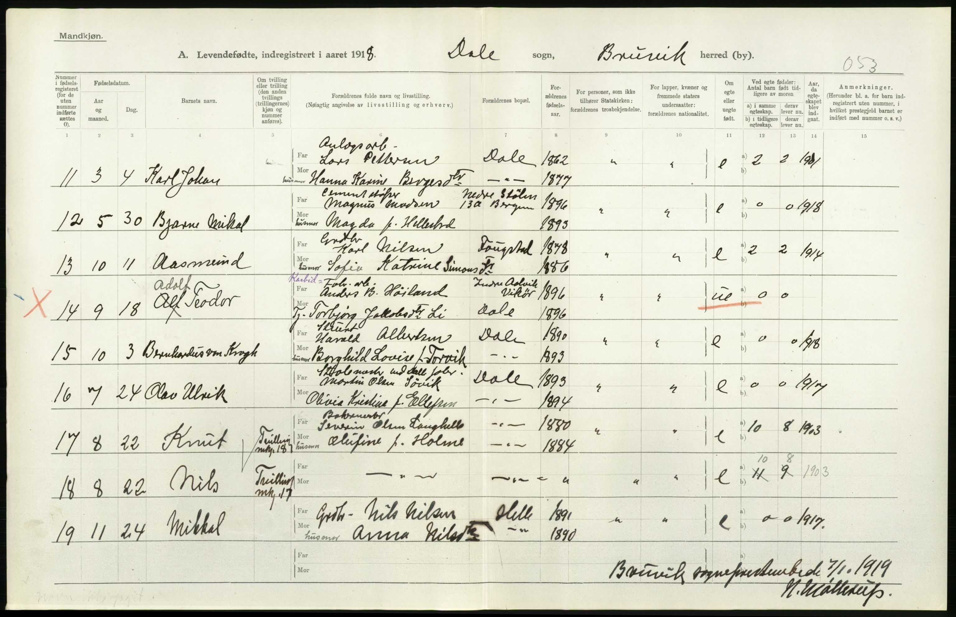 Statistisk sentralbyrå, Sosiodemografiske emner, Befolkning, RA/S-2228/D/Df/Dfb/Dfbh/L0034: Hordaland fylke: Levendefødte menn og kvinner. Bygder., 1918, p. 166