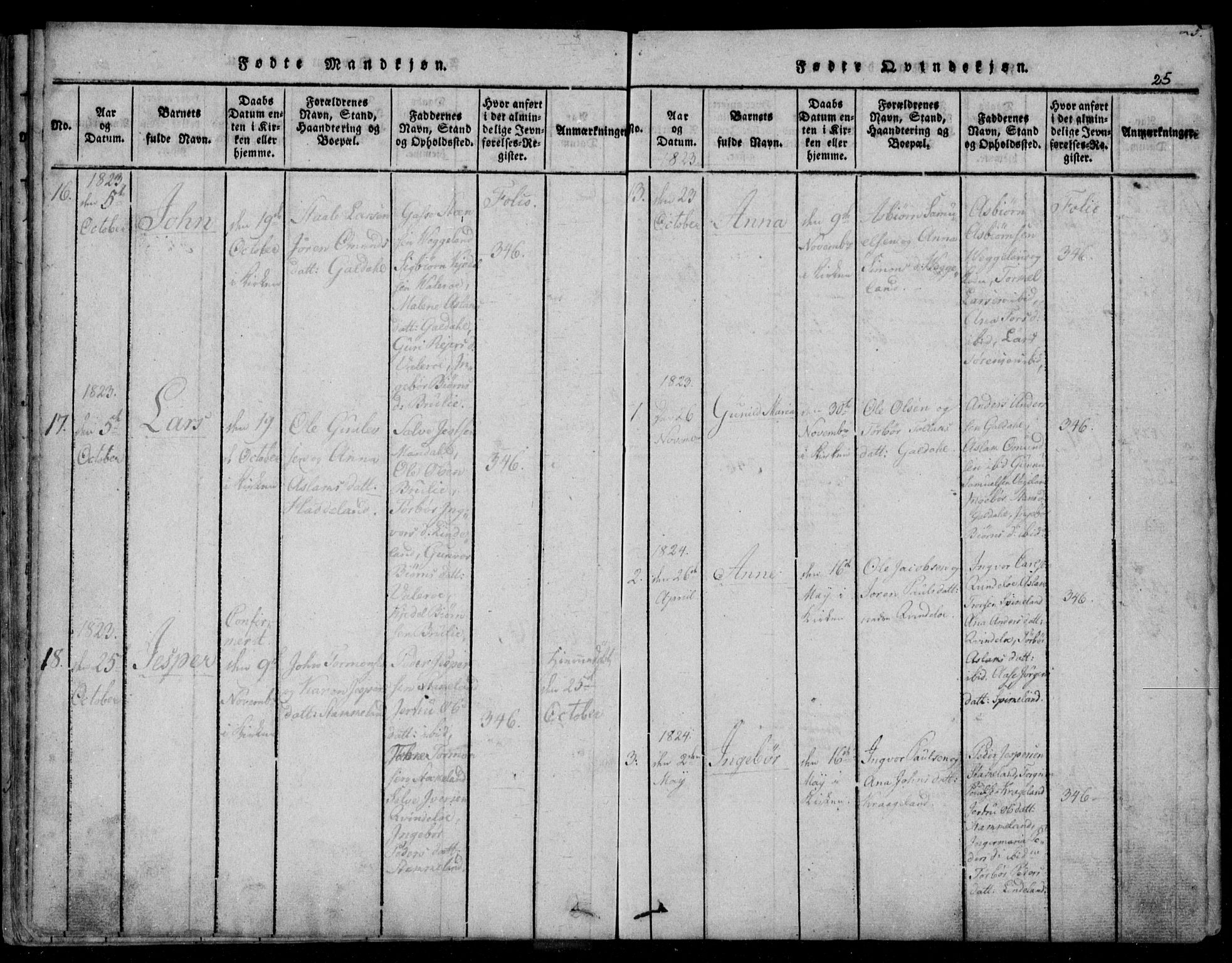 Fjotland sokneprestkontor, AV/SAK-1111-0010/F/Fb/L0001: Parish register (copy) no. B 1, 1816-1849, p. 25