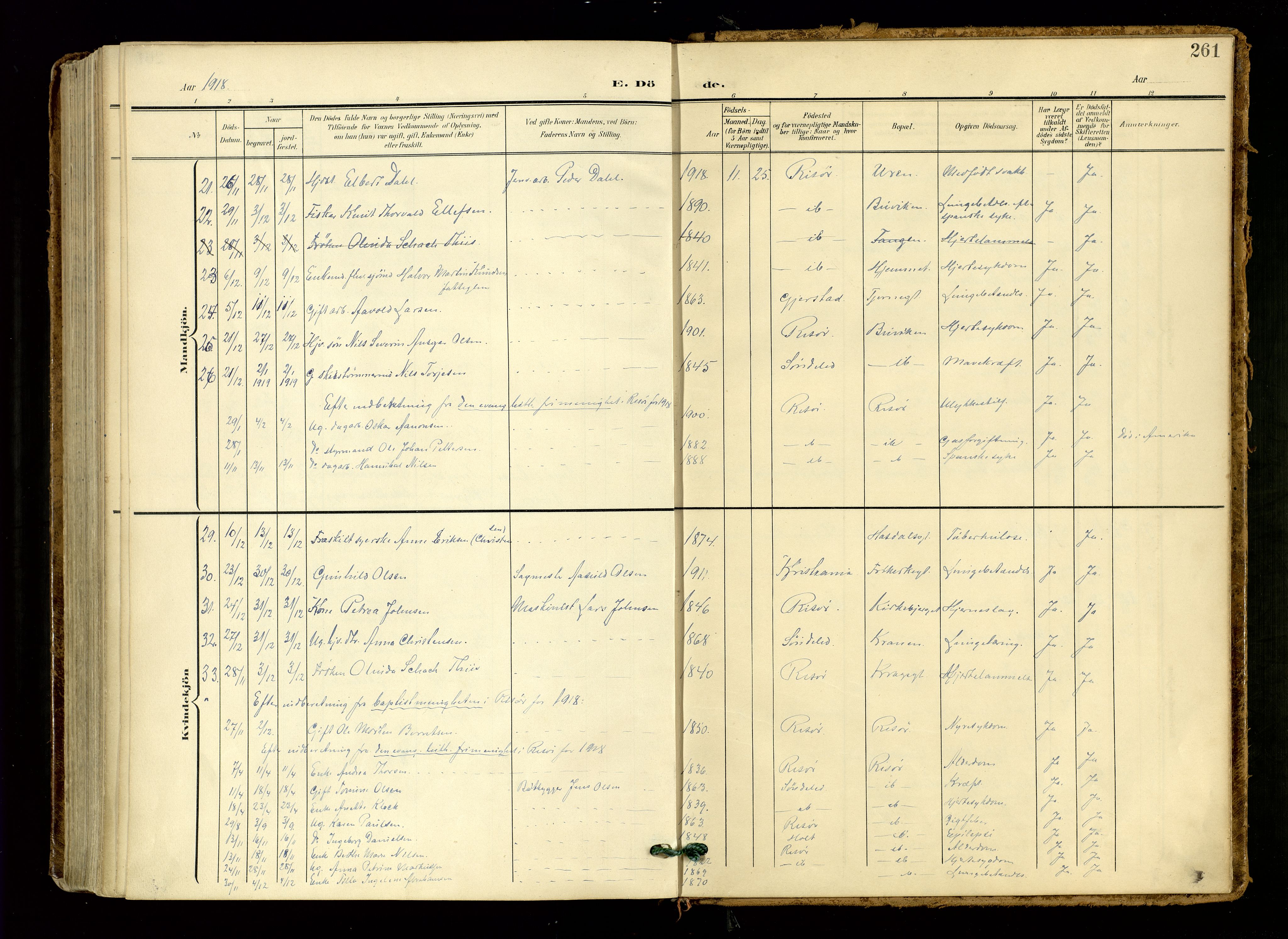 Risør sokneprestkontor, AV/SAK-1111-0035/F/Fa/L0011: Parish register (official) no. A 11, 1907-1920, p. 261