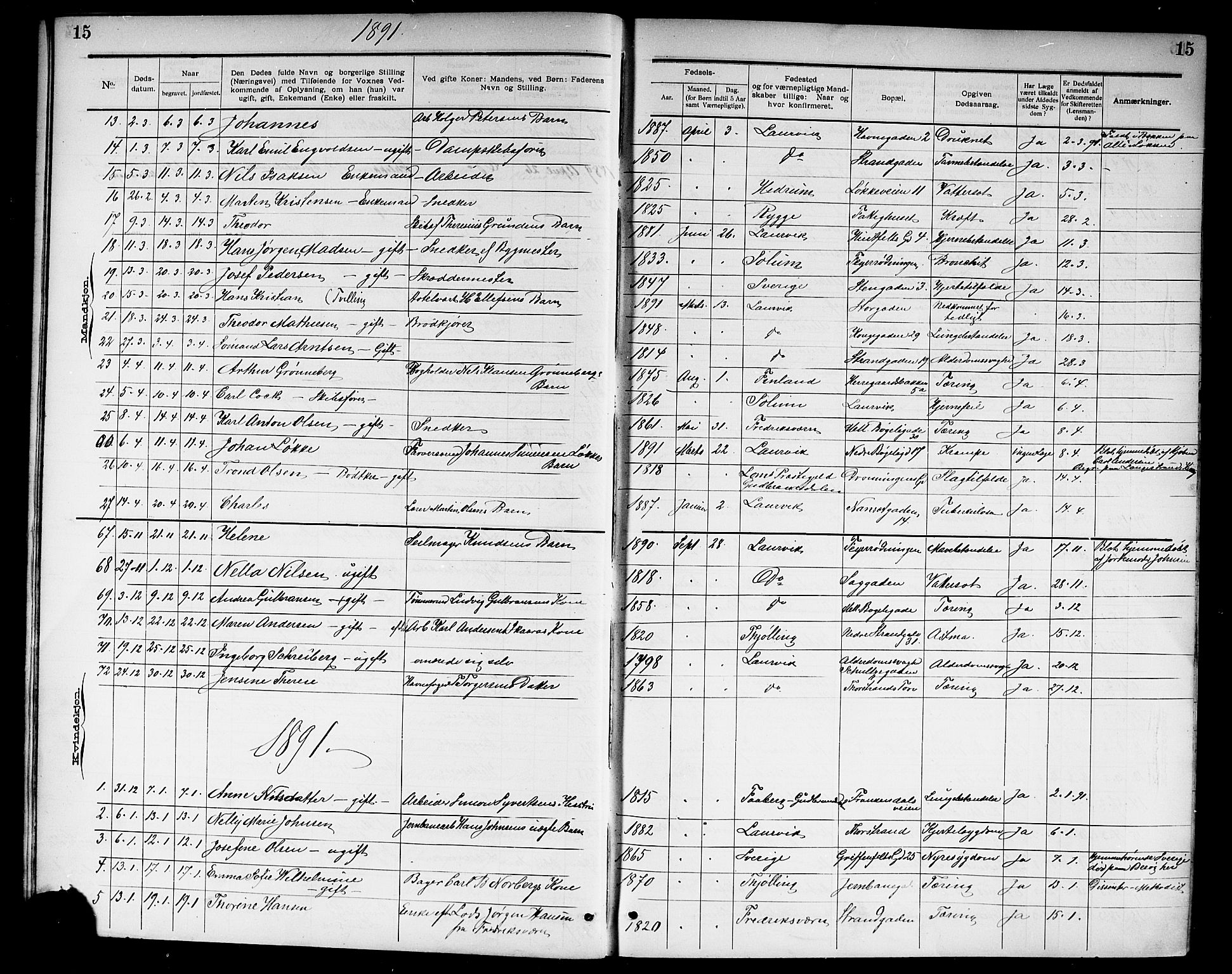 Larvik kirkebøker, AV/SAKO-A-352/G/Ga/L0007: Parish register (copy) no. I 7, 1888-1918, p. 15