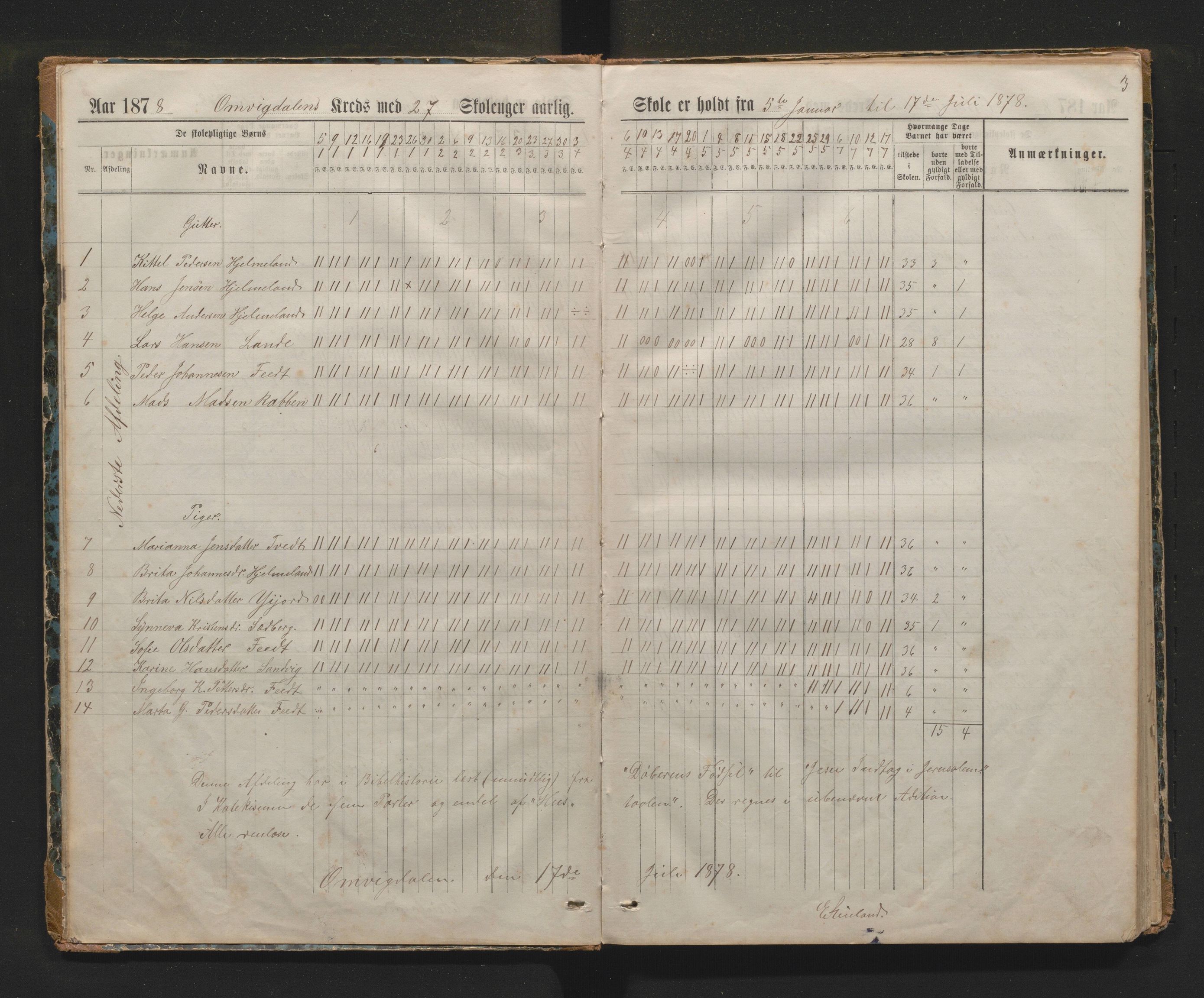 Kvinnherad kommune. Barneskulane, IKAH/1224-231/G/Gd/L0017: Dagbok for læraren i Omvikdalen og Bjørnebøle skulekrinsar , 1878-1894