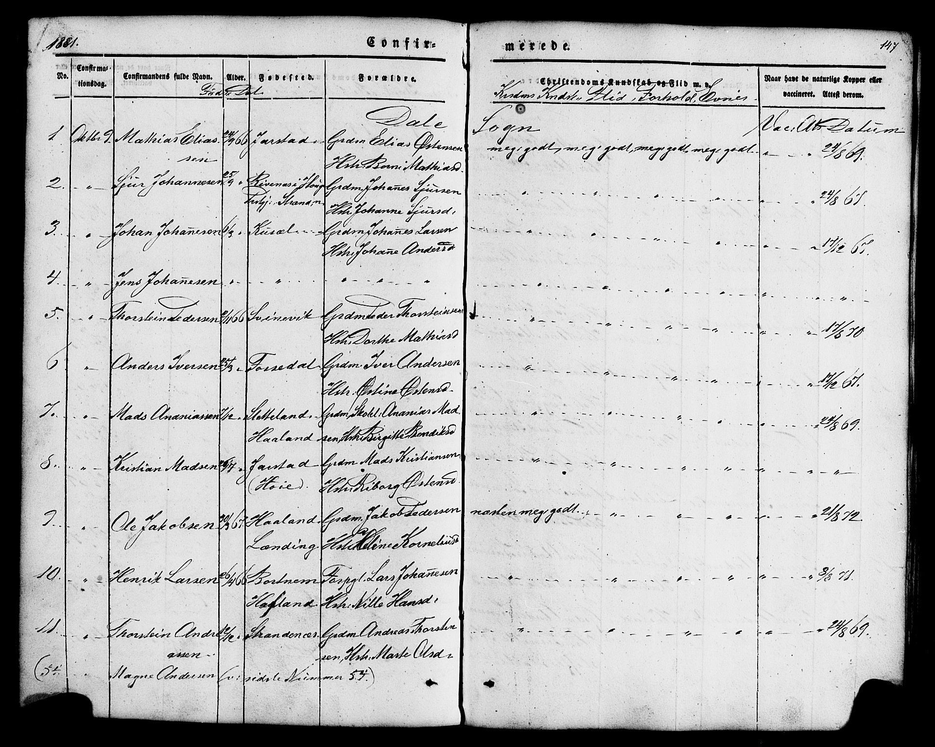 Fjaler sokneprestembete, AV/SAB-A-79801/H/Haa/Haaa/L0008: Parish register (official) no. A 8, 1850-1886, p. 147