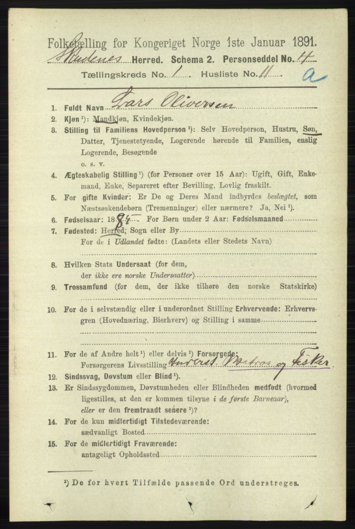 RA, 1891 census for 1150 Skudenes, 1891, p. 174