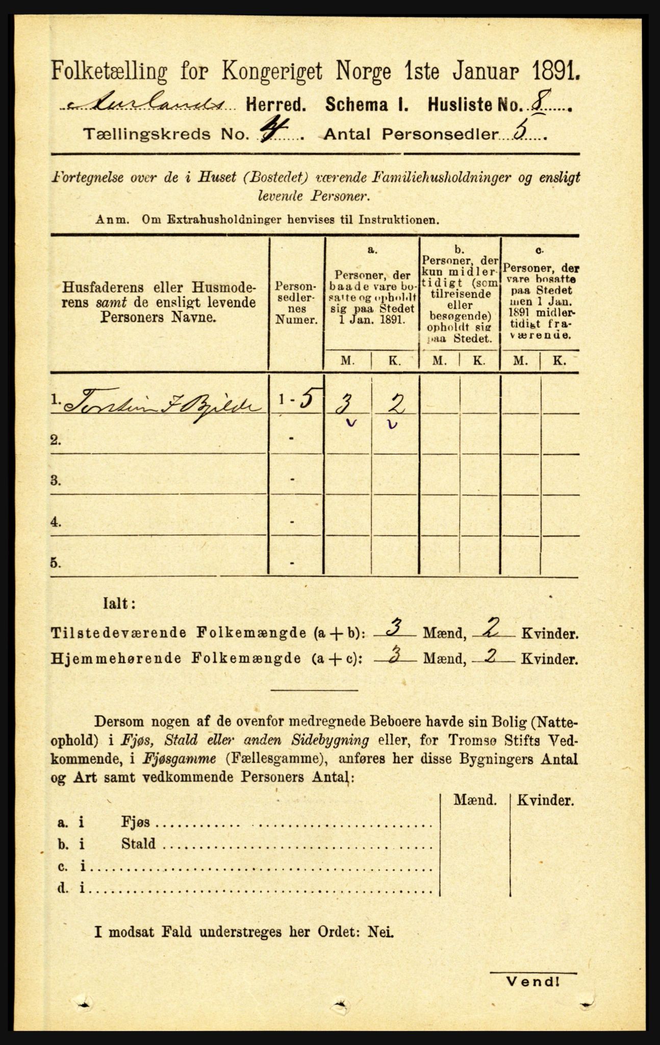 RA, 1891 census for 1421 Aurland, 1891, p. 1292