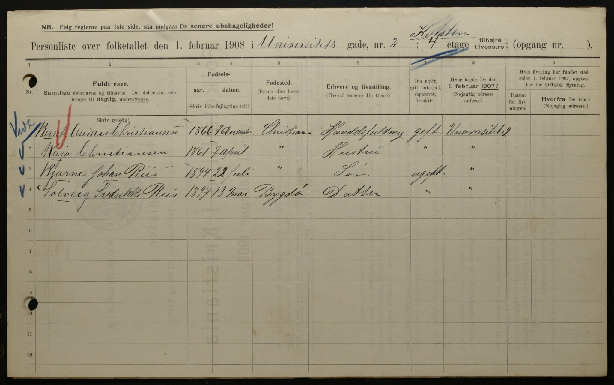 OBA, Municipal Census 1908 for Kristiania, 1908, p. 107647