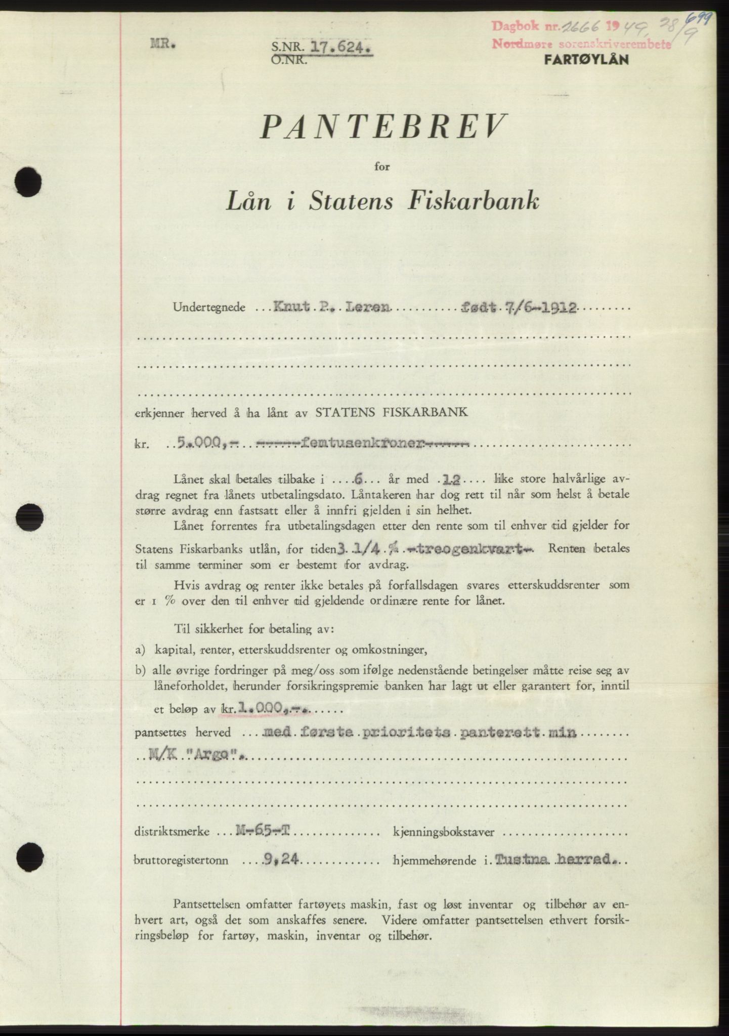 Nordmøre sorenskriveri, AV/SAT-A-4132/1/2/2Ca: Mortgage book no. B102, 1949-1949, Diary no: : 2666/1949