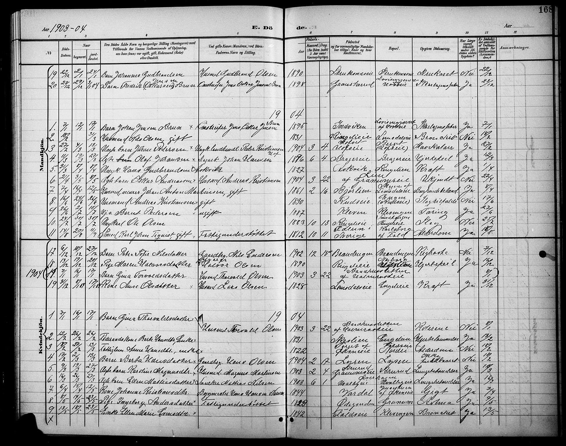 Søndre Land prestekontor, AV/SAH-PREST-122/L/L0004: Parish register (copy) no. 4, 1901-1915, p. 168