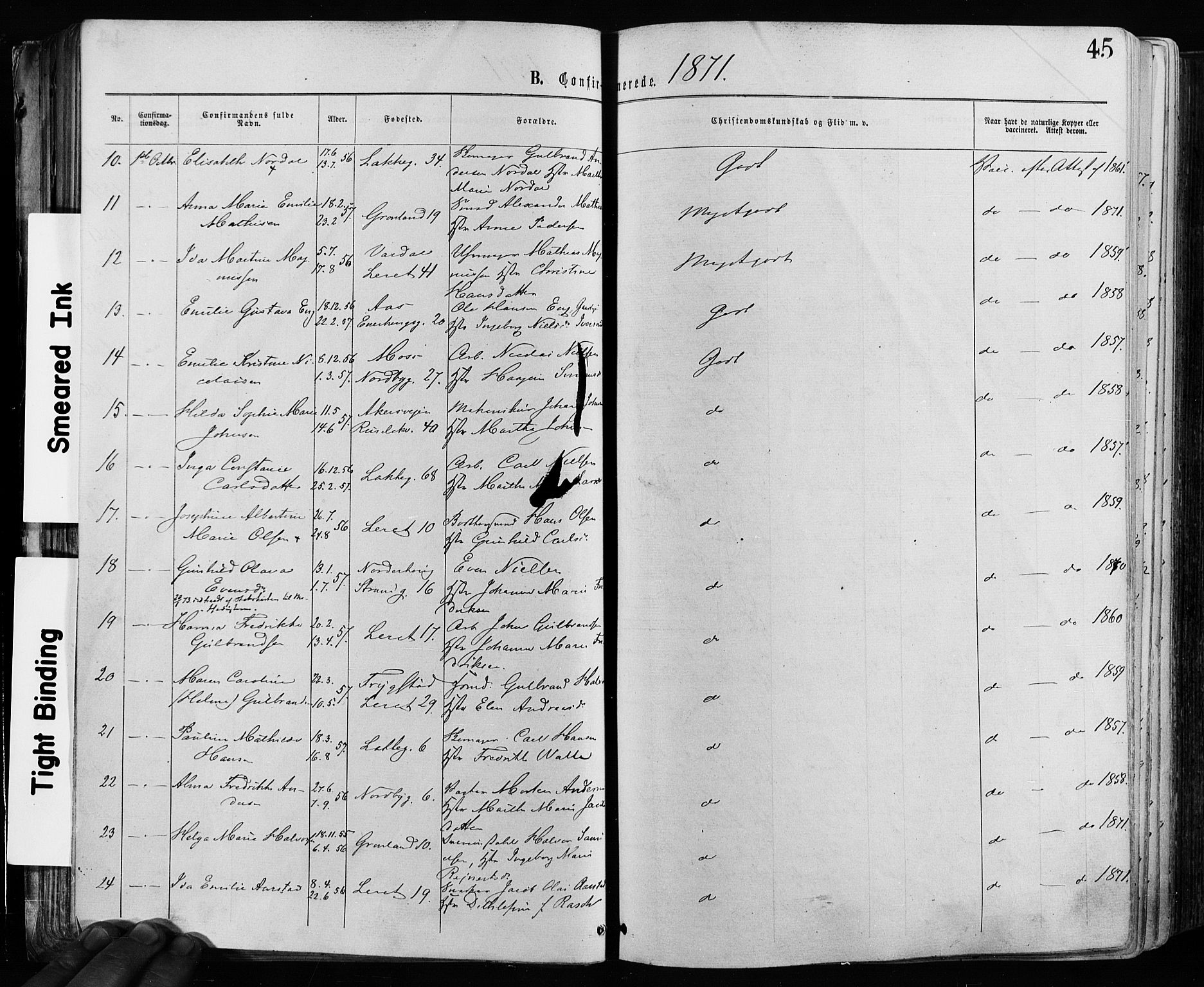 Grønland prestekontor Kirkebøker, AV/SAO-A-10848/F/Fa/L0005: Parish register (official) no. 5, 1869-1880, p. 45