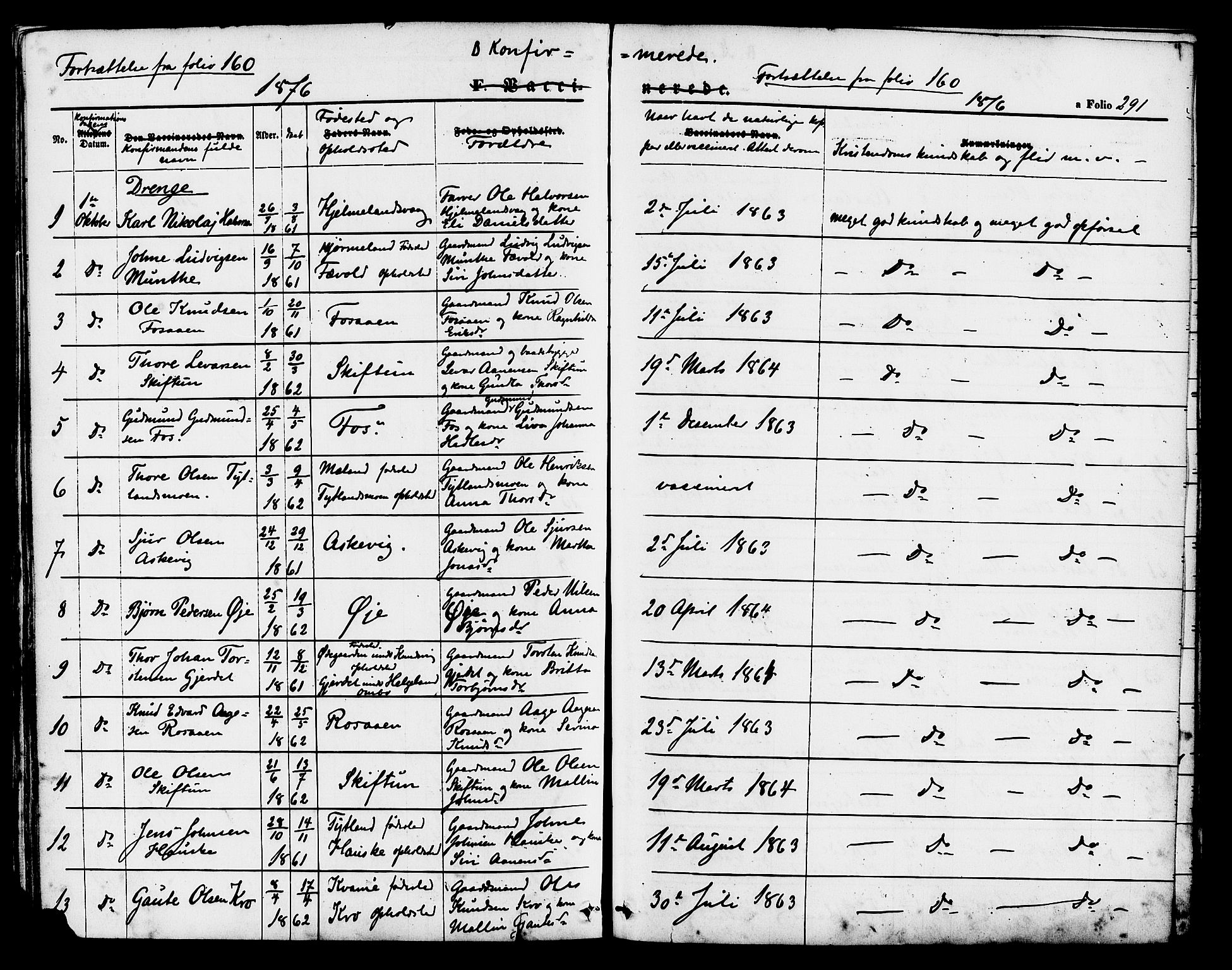 Hjelmeland sokneprestkontor, SAST/A-101843/01/IV/L0011: Parish register (official) no. A 11, 1861-1878, p. 291