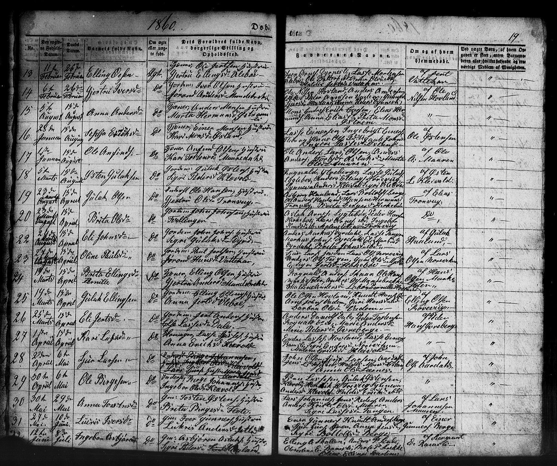 Lavik sokneprestembete, SAB/A-80901: Parish register (copy) no. B 1, 1854-1881, p. 19