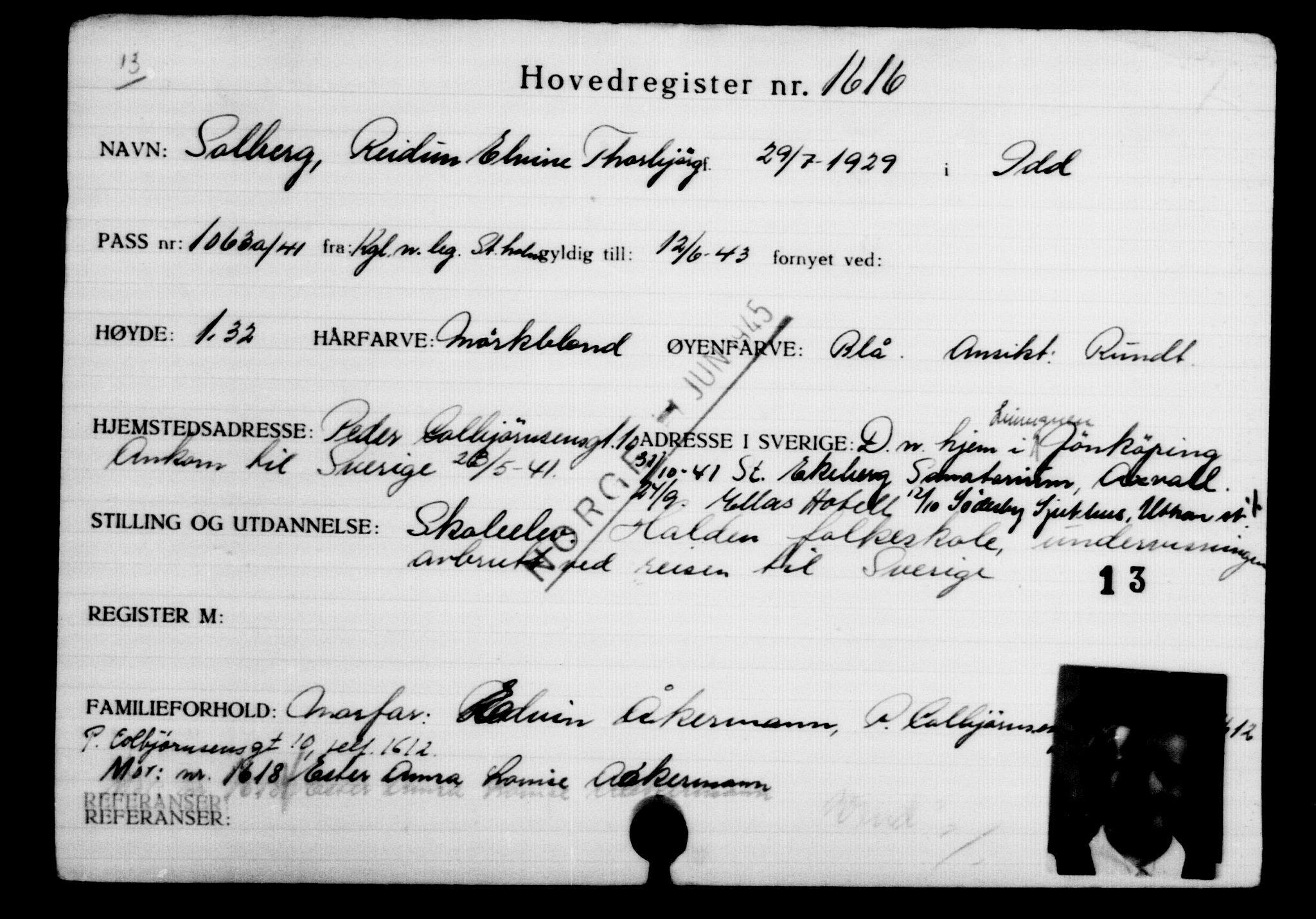 Utenriksstasjonene, Legasjonen i Stockholm, Flyktningkontoret, AV/RA-S-6753/V/Va/L0002: Kjesäterkartoteket, flyktninger med registreringsnr. 1001-2000, 1940-1945, p. 885