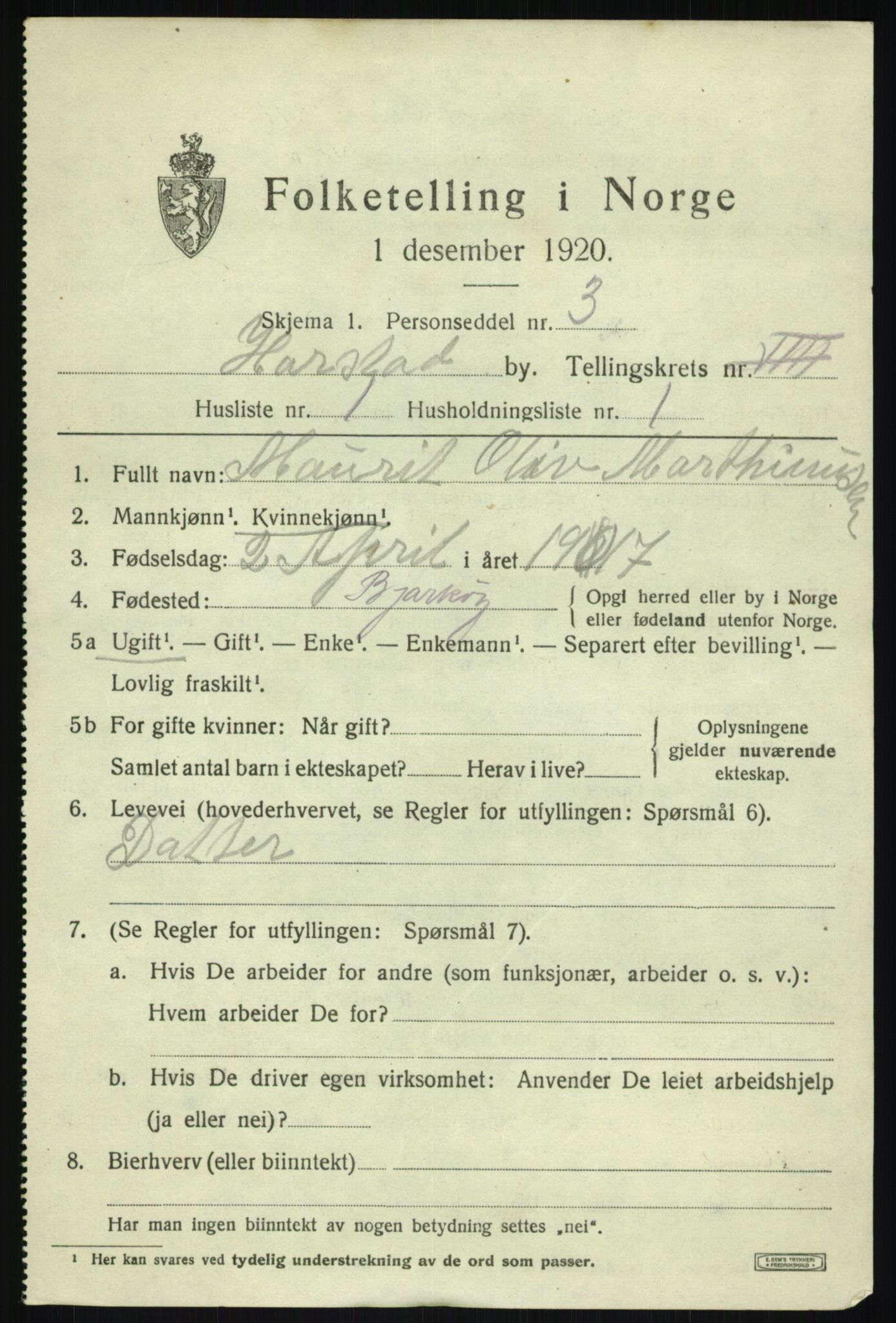 SATØ, 1920 census for Harstad, 1920, p. 8978