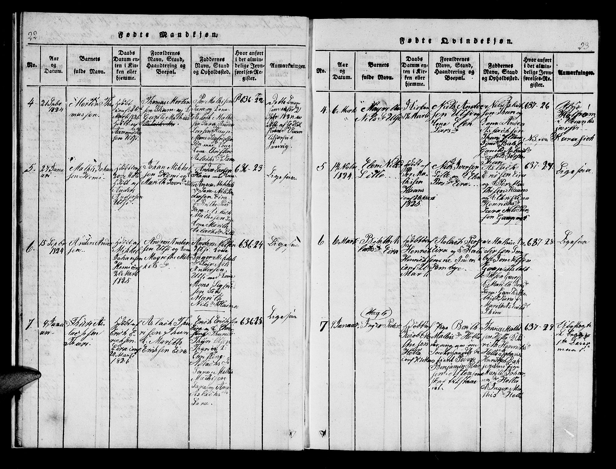 Kistrand/Porsanger sokneprestembete, AV/SATØ-S-1351/H/Hb/L0001.klokk: Parish register (copy) no. 1, 1821-1829, p. 22-23