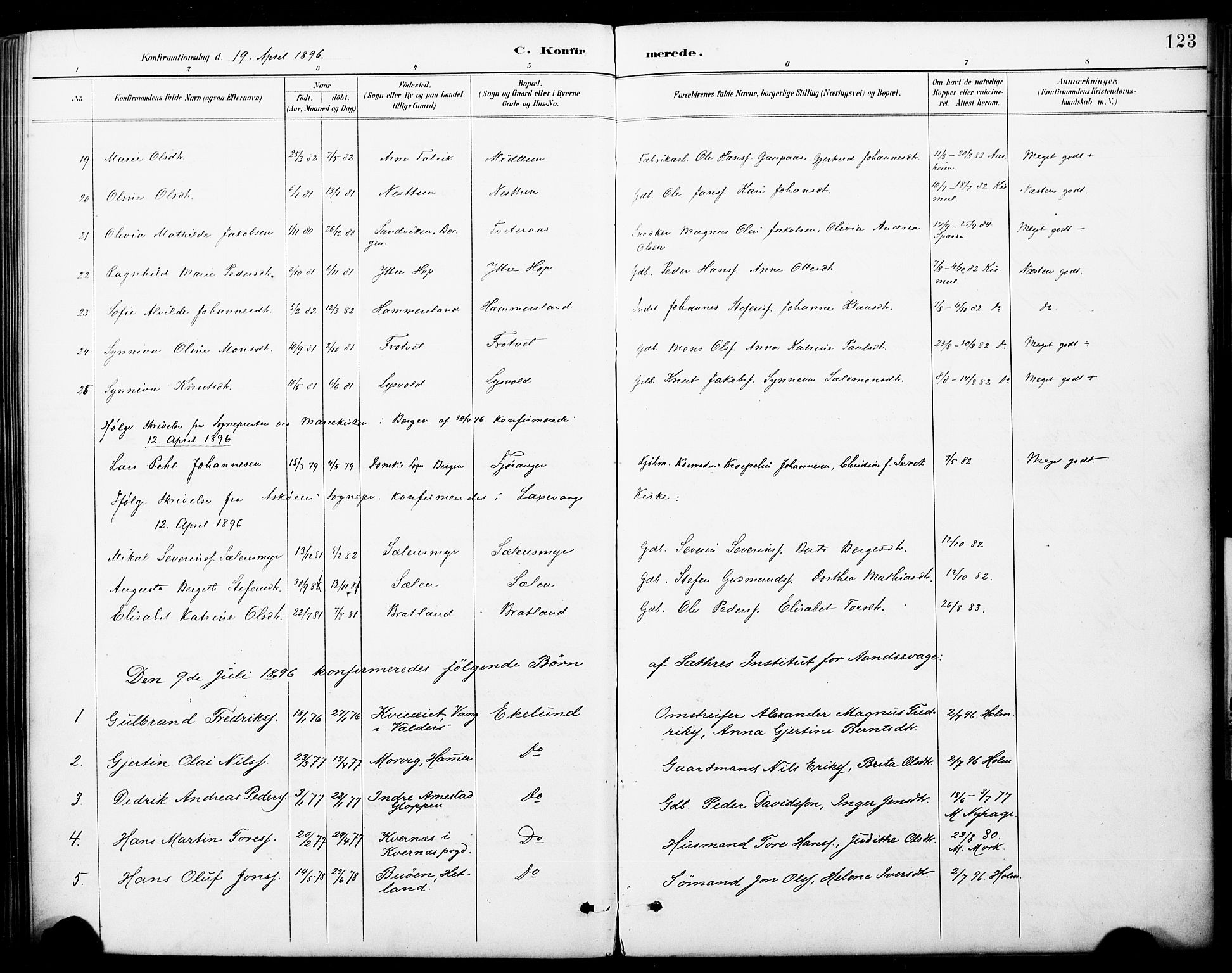 Fana Sokneprestembete, AV/SAB-A-75101/H/Haa/Haai/L0002: Parish register (official) no. I 2, 1888-1899, p. 123