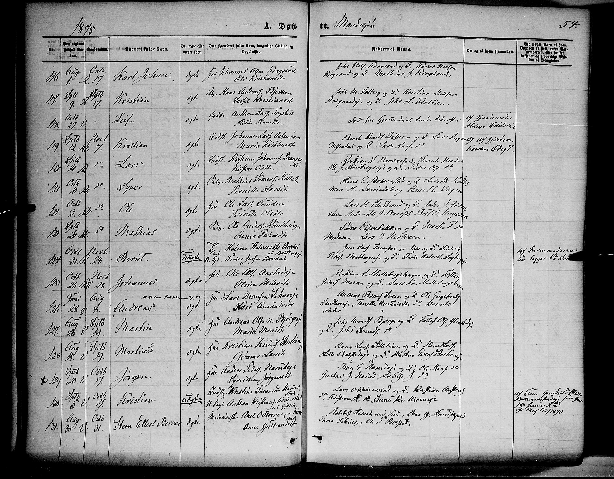 Ringsaker prestekontor, AV/SAH-PREST-014/K/Ka/L0011: Parish register (official) no. 11, 1870-1878, p. 54