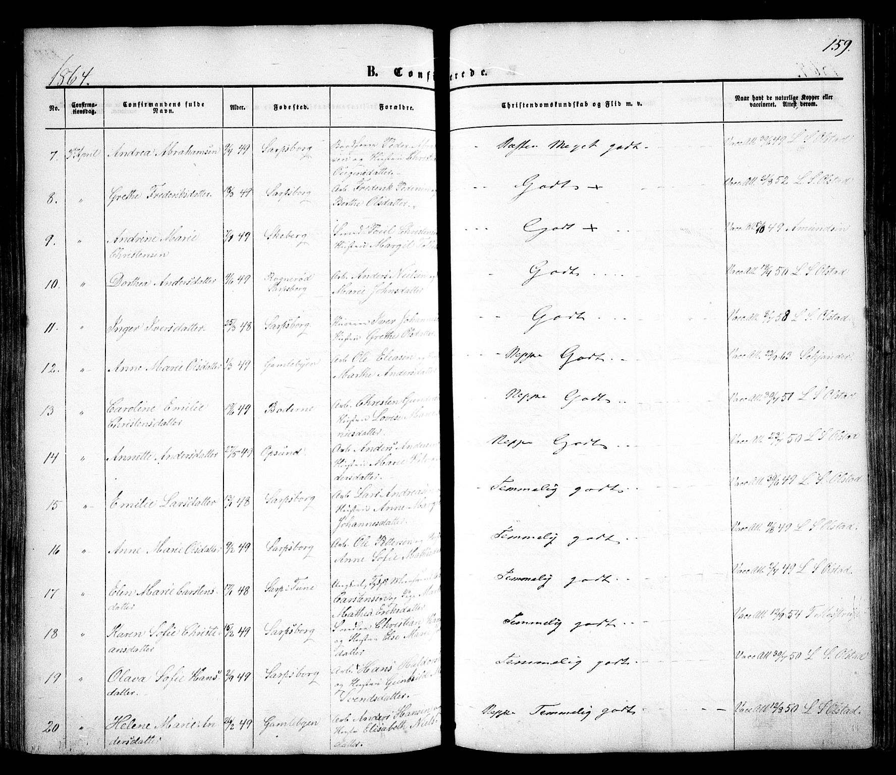 Sarpsborg prestekontor Kirkebøker, AV/SAO-A-2006/F/Fa/L0001: Parish register (official) no. 1, 1859-1868, p. 159