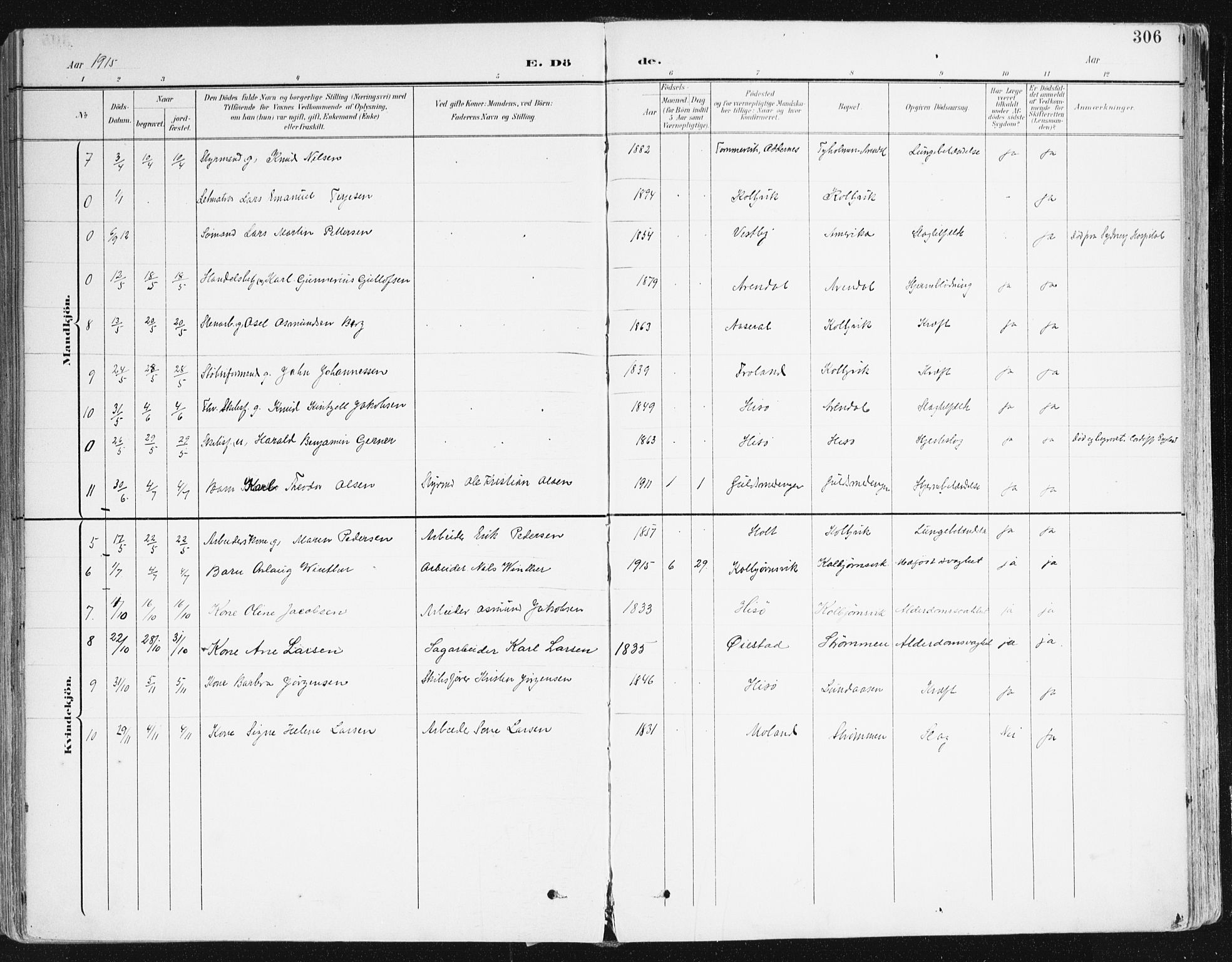 Hisøy sokneprestkontor, AV/SAK-1111-0020/F/Fa/L0004: Parish register (official) no. A 4, 1895-1917, p. 306