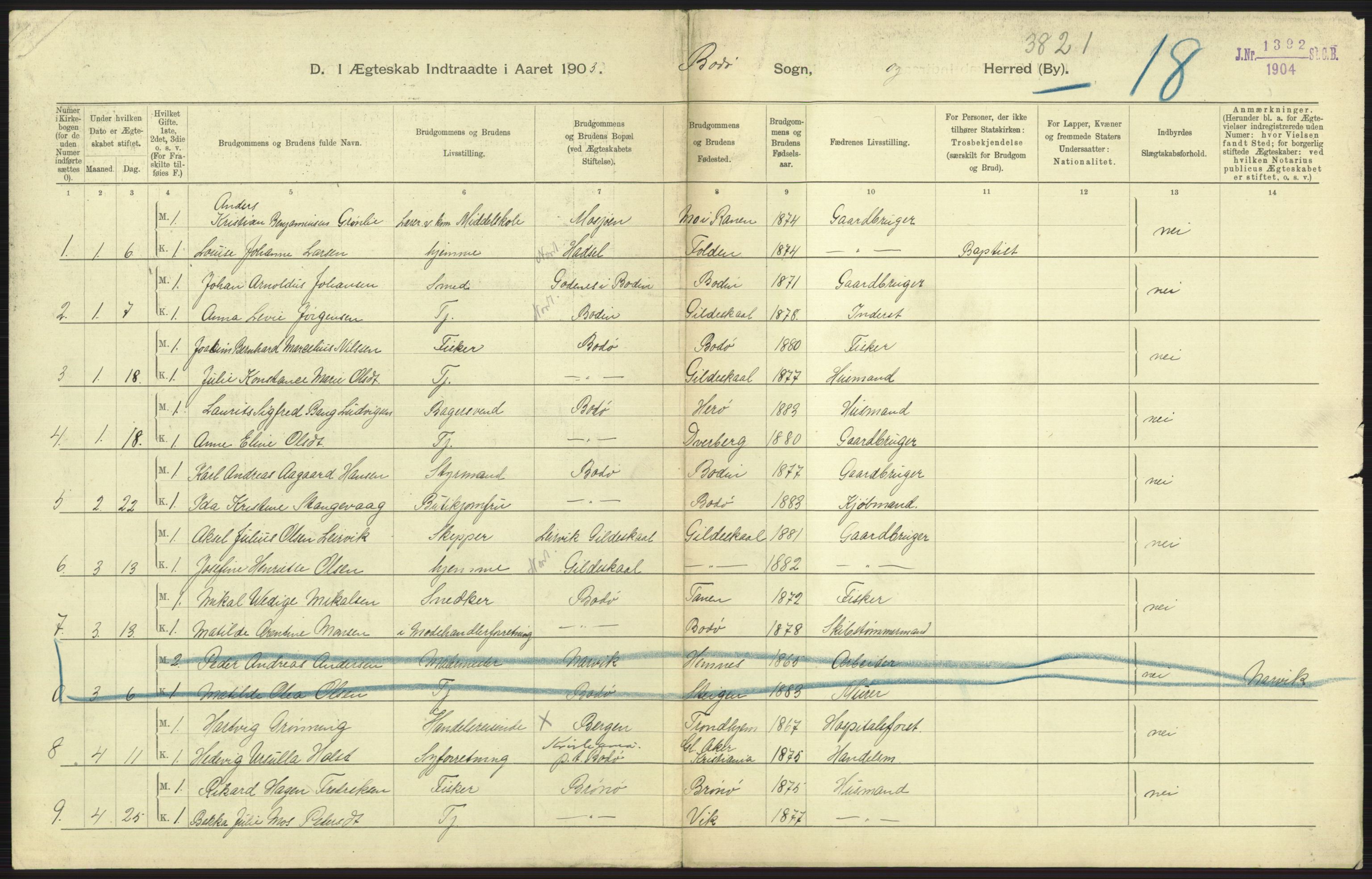 Statistisk sentralbyrå, Sosiodemografiske emner, Befolkning, AV/RA-S-2228/D/Df/Dfa/Dfaa/L0019: Nordlands amt: Fødte, gifte, døde., 1903, p. 219