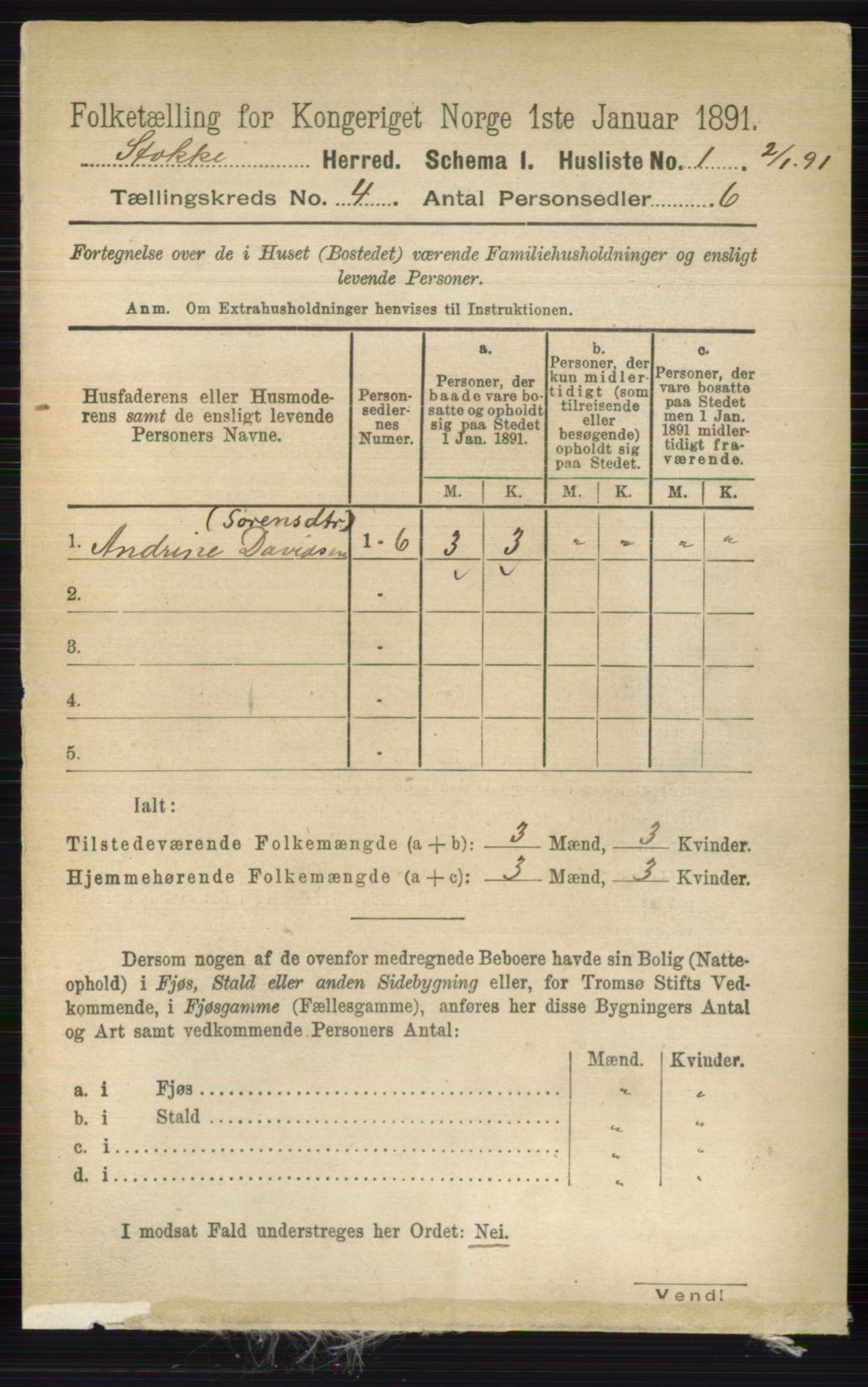 RA, 1891 census for 0720 Stokke, 1891, p. 2340