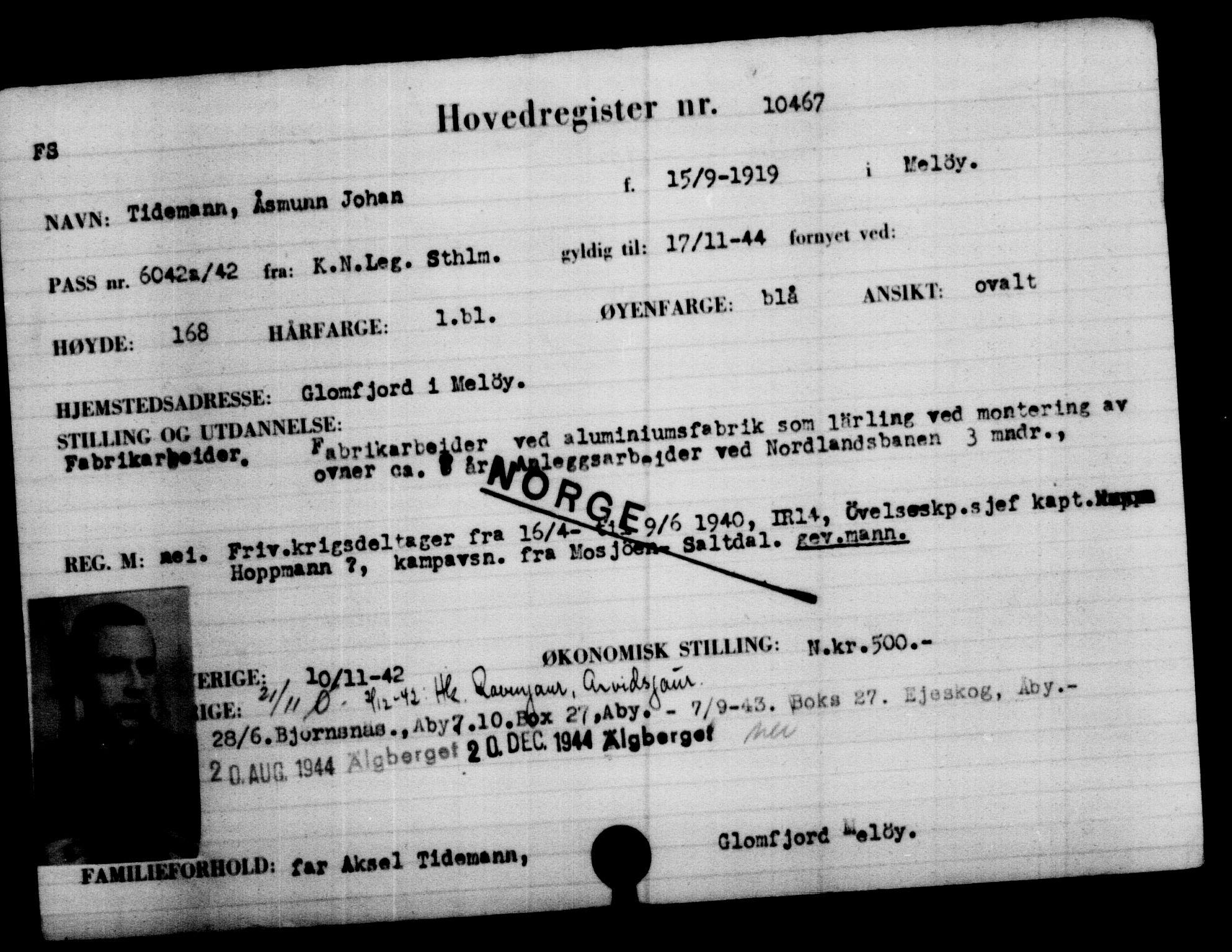 Utenriksstasjonene, Legasjonen i Stockholm, Flyktningkontoret, AV/RA-S-6753/V/Va/L0006: Kjesäterkartoteket, flyktninger med registreringsnr. 9400-12711, 1940-1945, p. 1225