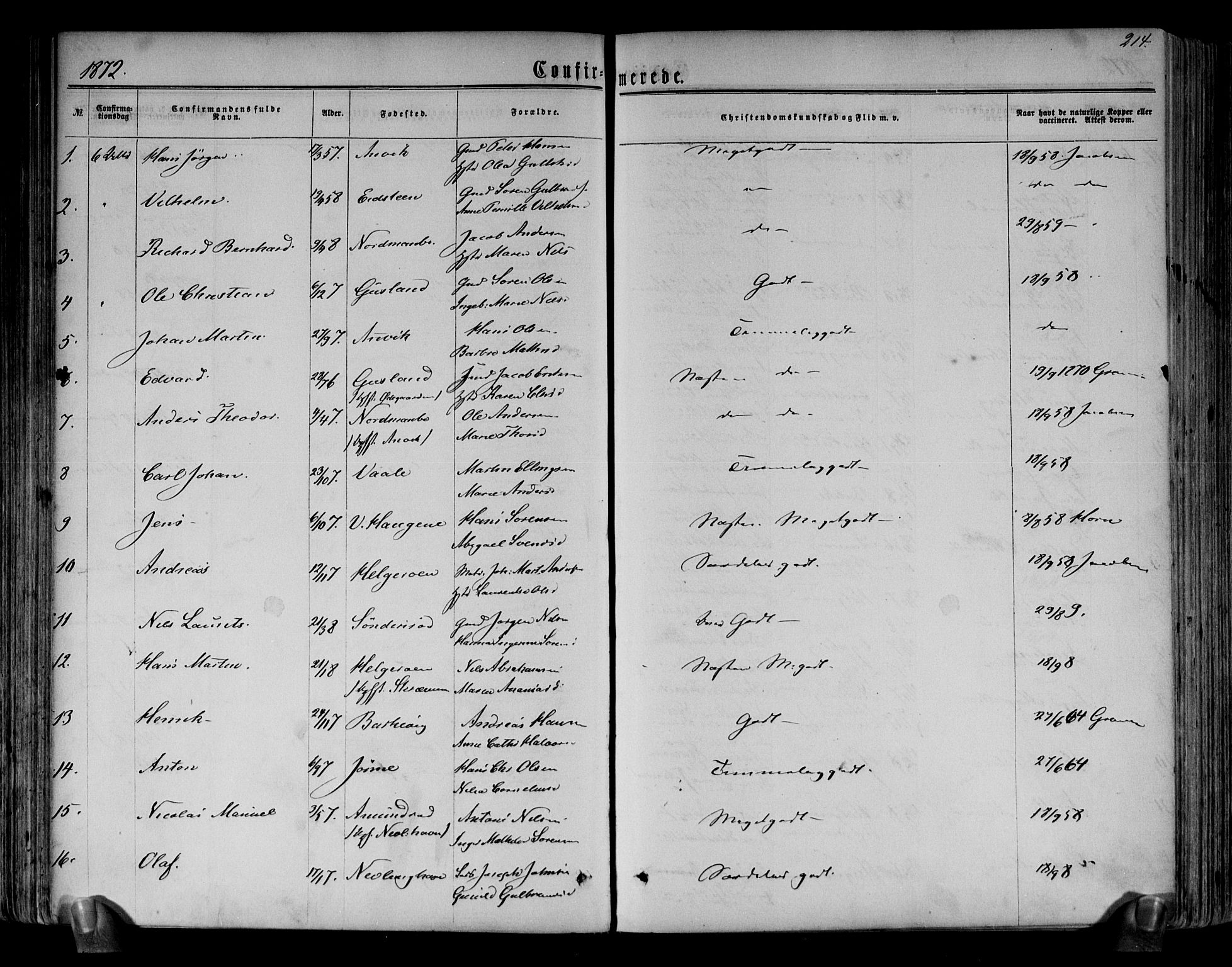 Brunlanes kirkebøker, AV/SAKO-A-342/F/Fa/L0005: Parish register (official) no. I 5, 1862-1877, p. 214