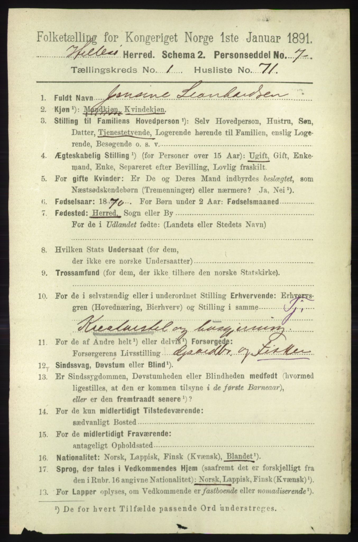 RA, 1891 census for 1930 Hillesøy, 1891, p. 566