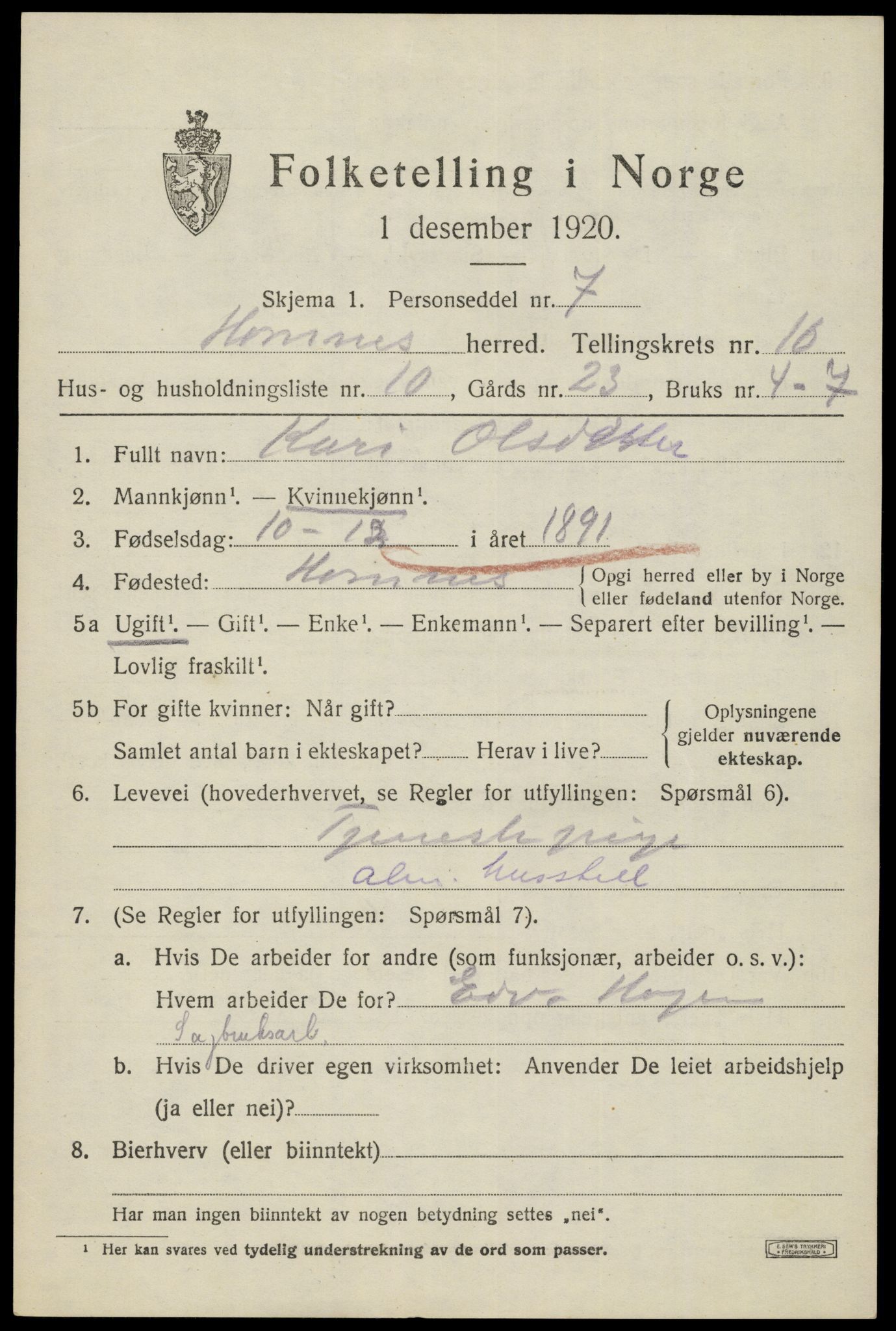 SAK, 1920 census for Hornnes, 1920, p. 2613
