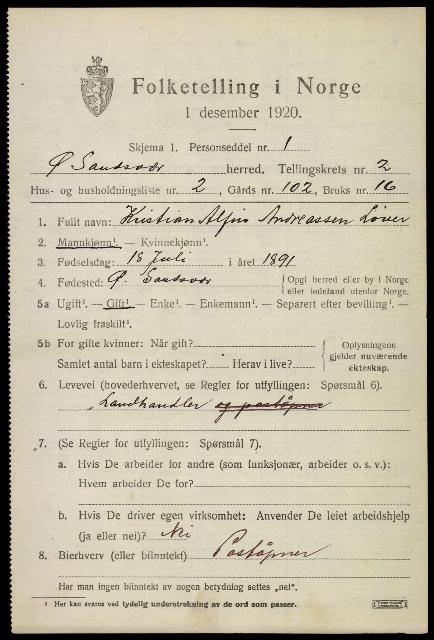 SAKO, 1920 census for Øvre Sandsvær, 1920, p. 1604