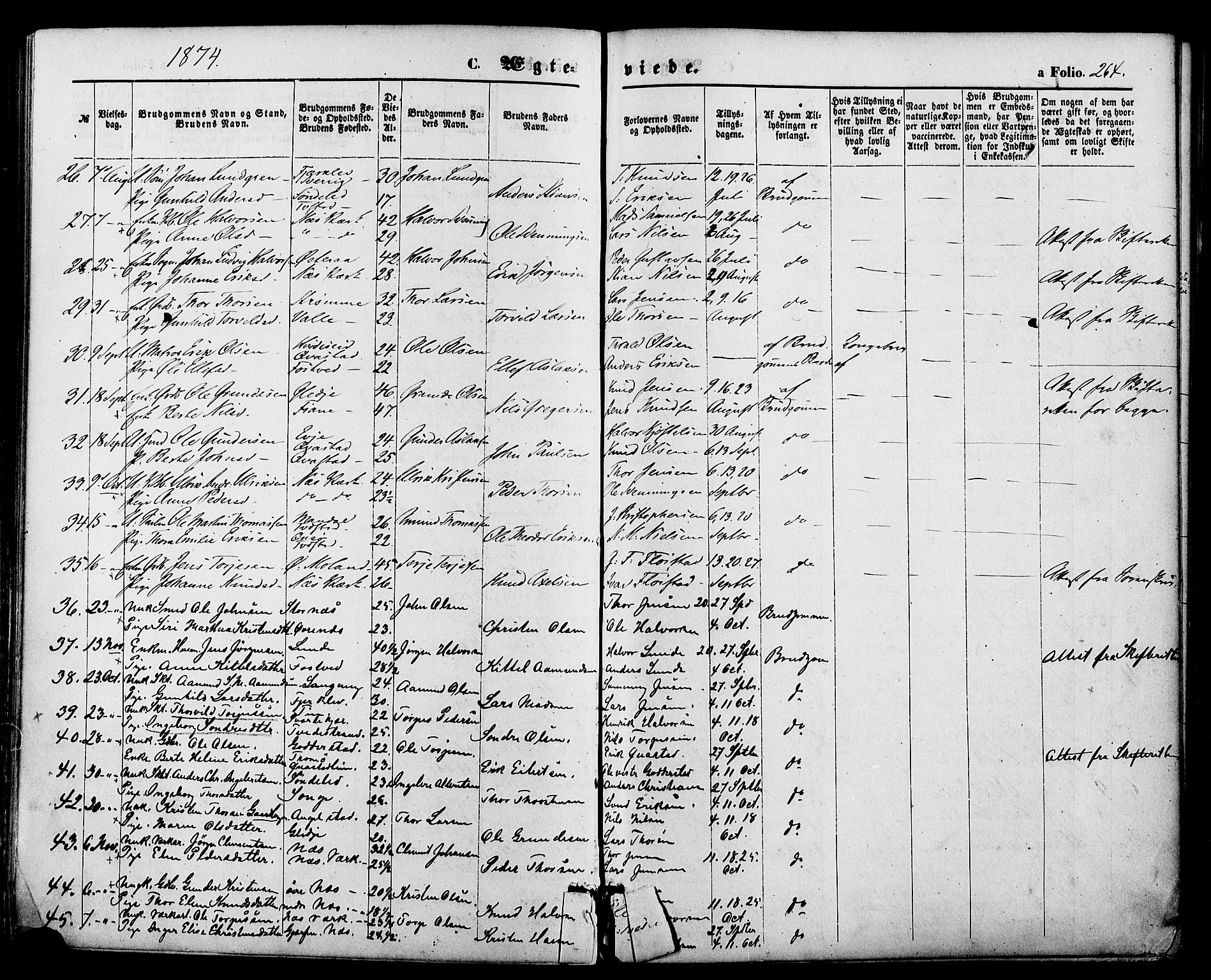 Holt sokneprestkontor, AV/SAK-1111-0021/F/Fa/L0010: Parish register (official) no. A 10, 1872-1885, p. 264