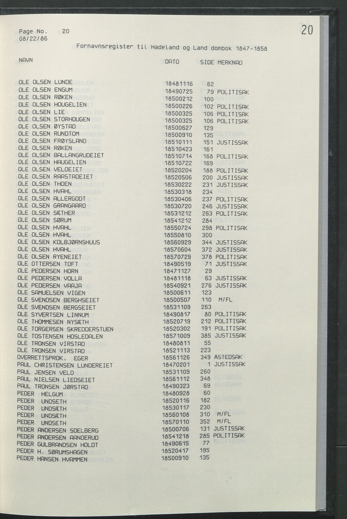 Statsarkivet i Hamar, AV/SAH-SAH-001/H/Hb/L0001/0004: Egne registre og hjelpemidler / Register  til Hadeland og Land sorenskriveri dombok 1 (1847 - 1858), 1847-1858, p. 20