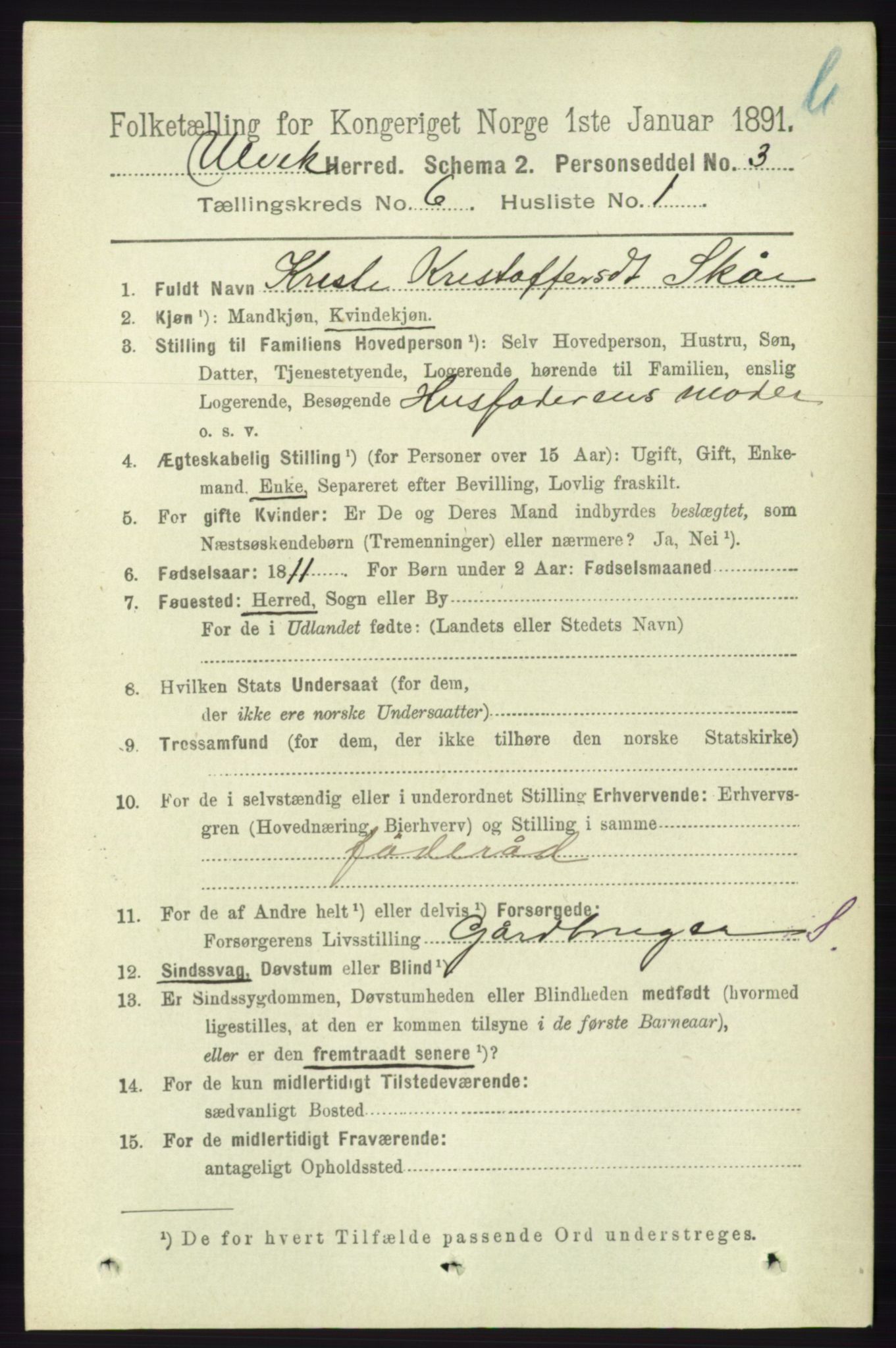 RA, 1891 census for 1233 Ulvik, 1891, p. 1860