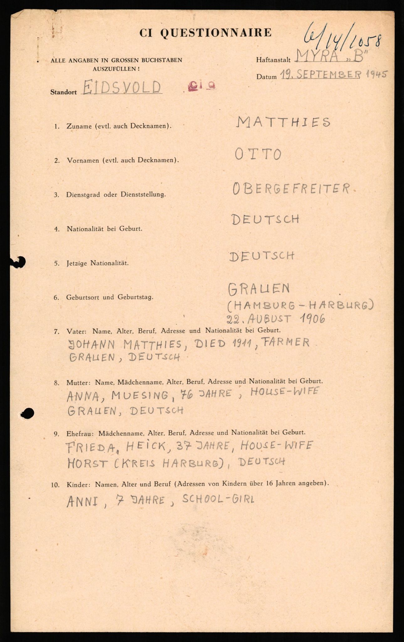 Forsvaret, Forsvarets overkommando II, AV/RA-RAFA-3915/D/Db/L0021: CI Questionaires. Tyske okkupasjonsstyrker i Norge. Tyskere., 1945-1946, p. 214