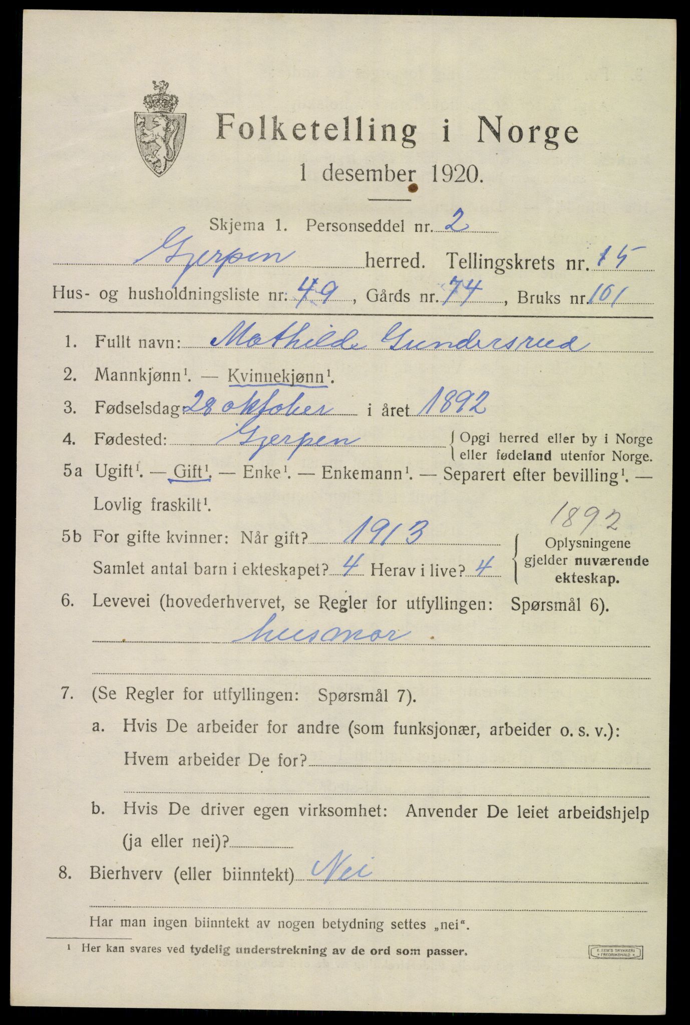 SAKO, 1920 census for Gjerpen, 1920, p. 17836