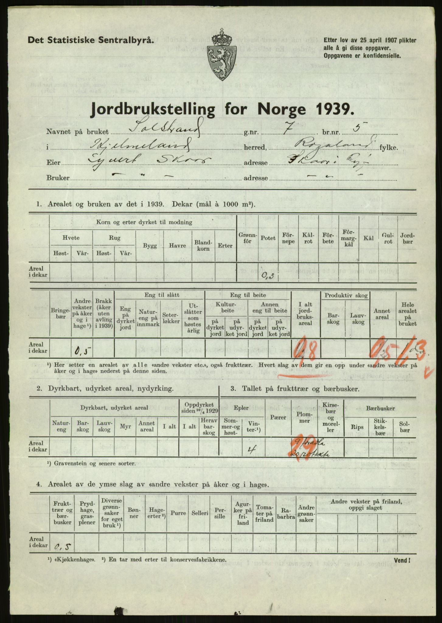 Statistisk sentralbyrå, Næringsøkonomiske emner, Jordbruk, skogbruk, jakt, fiske og fangst, AV/RA-S-2234/G/Gb/L0184: Rogaland: Årdal, Fister og Hjelmeland, 1939, p. 957